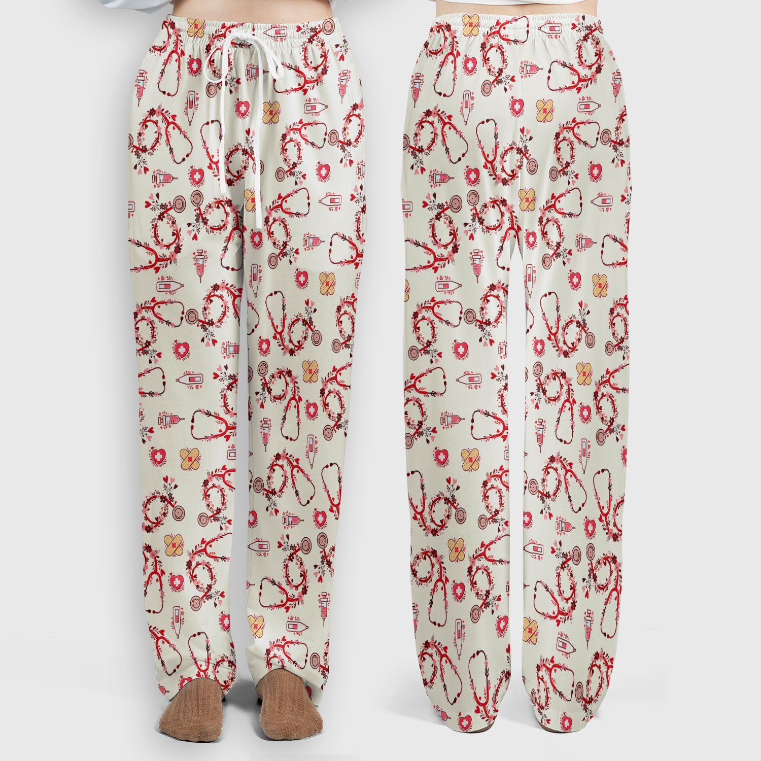 Heart Stethoscope Medical Pattern Scrub Set, Breathable Med Uniform