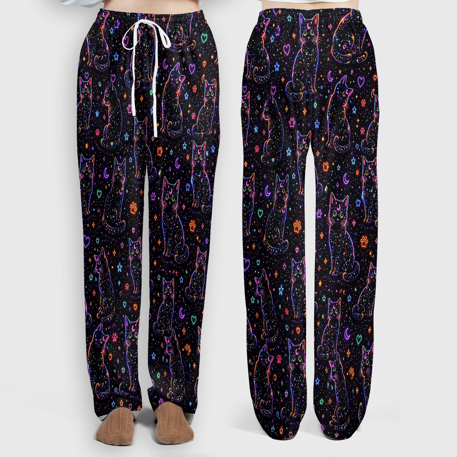 Mystical Cosmic Moon Cat Pattern Scrub Set, Scrub Pants and V Neck Top