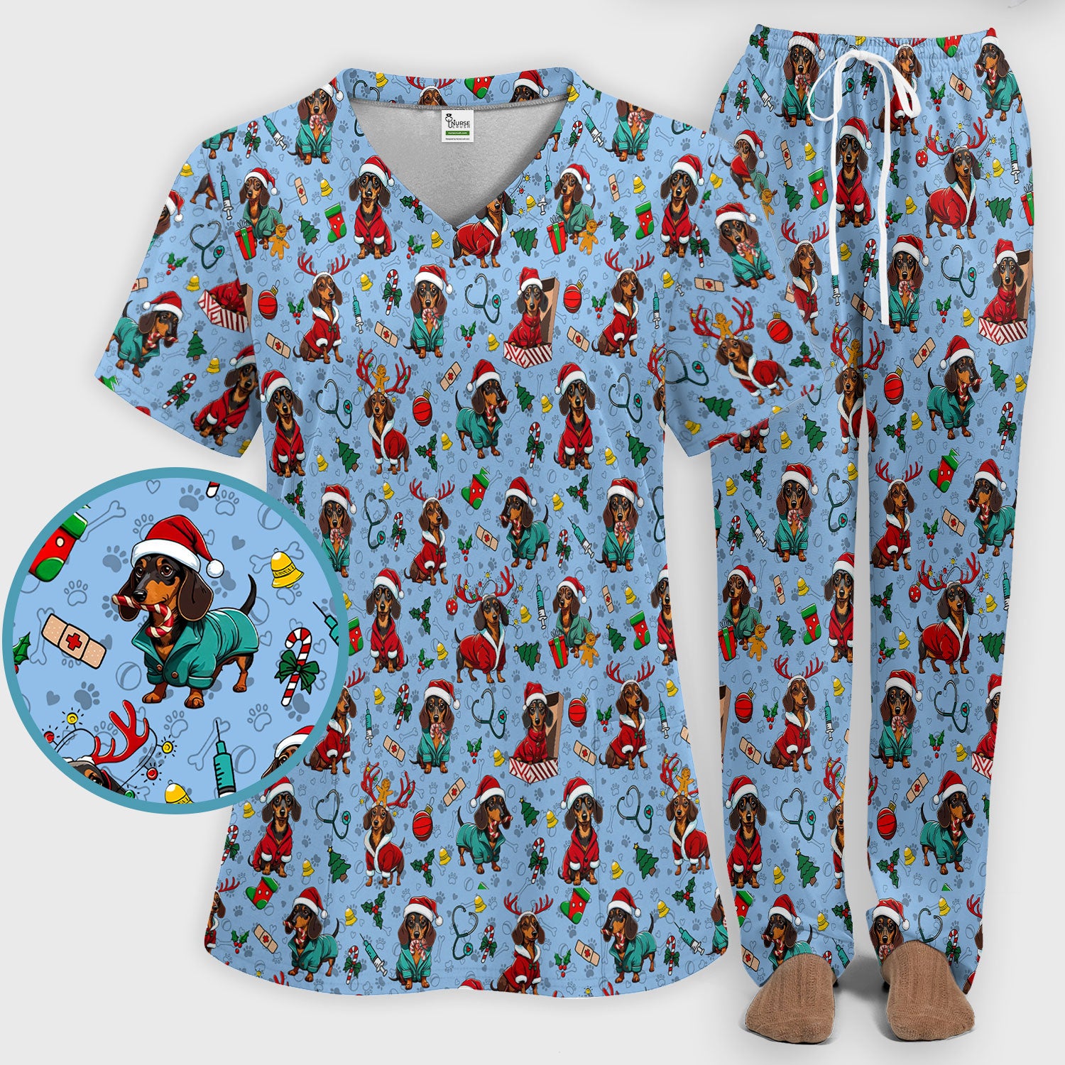 Christmas Dachshund Scrub Set for Nurses - Cute Sausage Dog Holiday - Funny Reindeer & Santa Scrubs Pants and V Neck Top