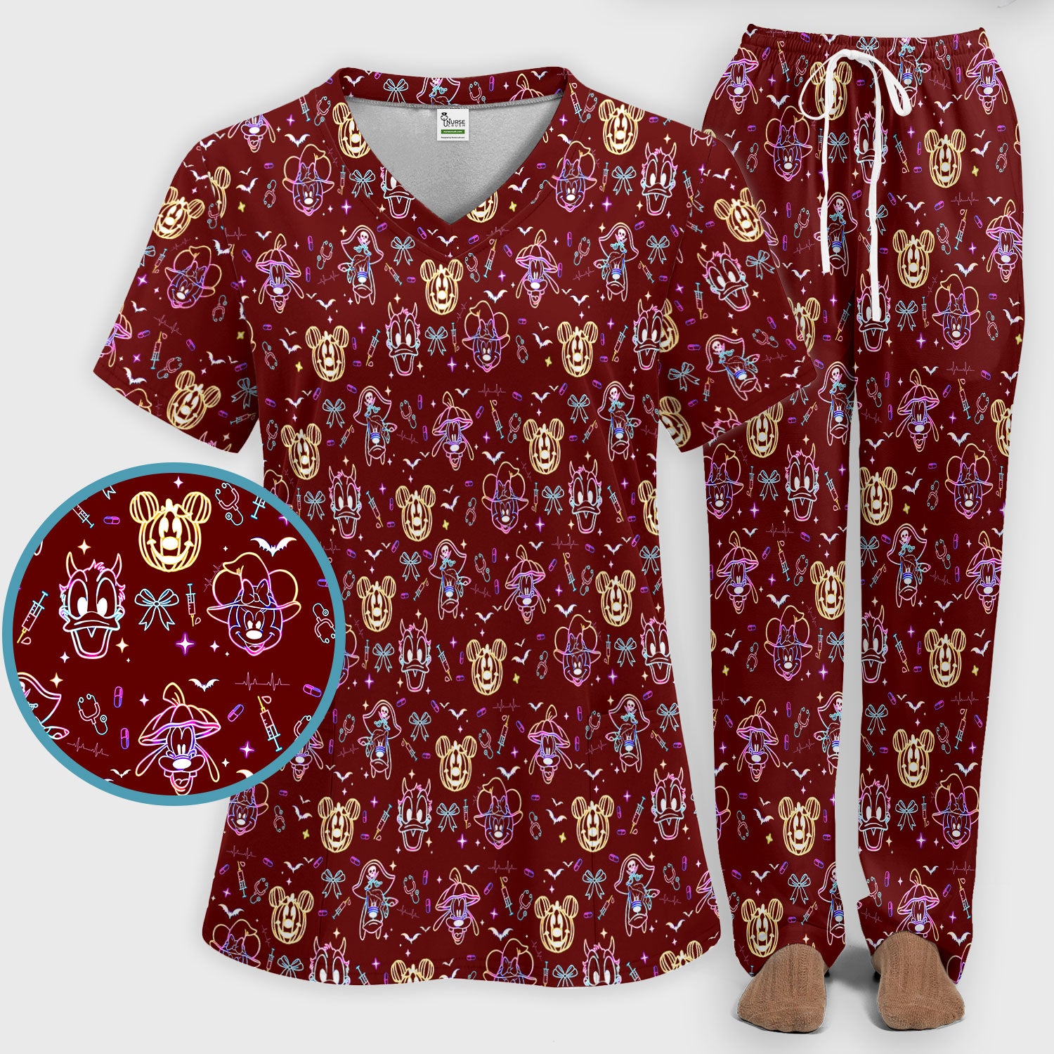 Neon Mouse Halloween Scrub Set for Nurses - Spooky Faces and Scary Pumpkin Scrub Pants and V Neck Shirt - Funny Med Uniform