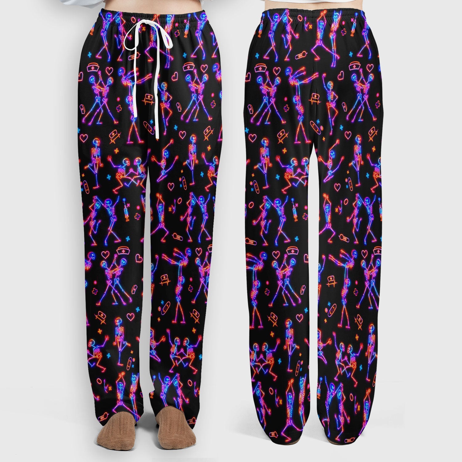 Neon Dancing Skeleton Medical Pattern Set, Scrub Pants and V Neck Top