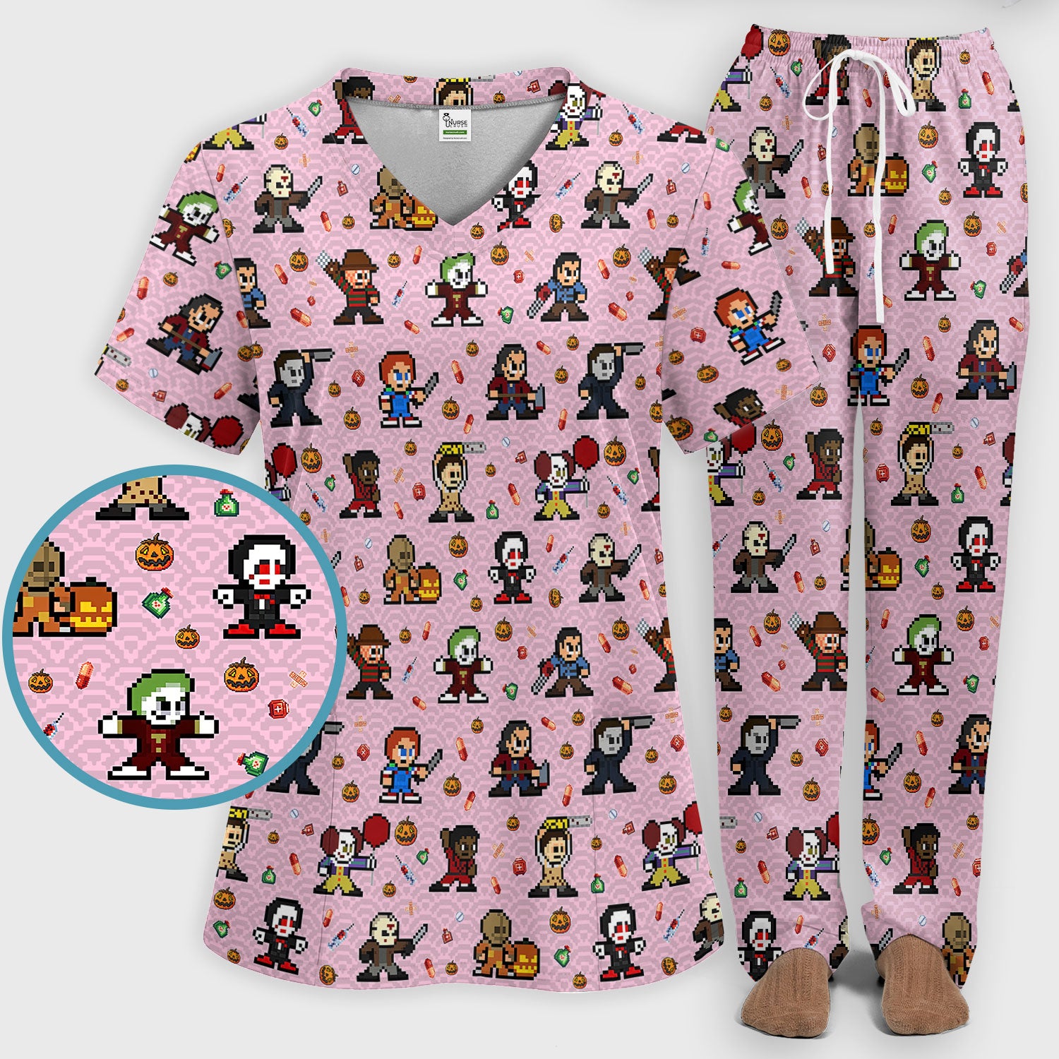 Halloween Women's Scrub Sets - Comfortable Scrubs for Nurses - Scary Character Scrub Pants and V Neck Top - Med Uniform for Her
