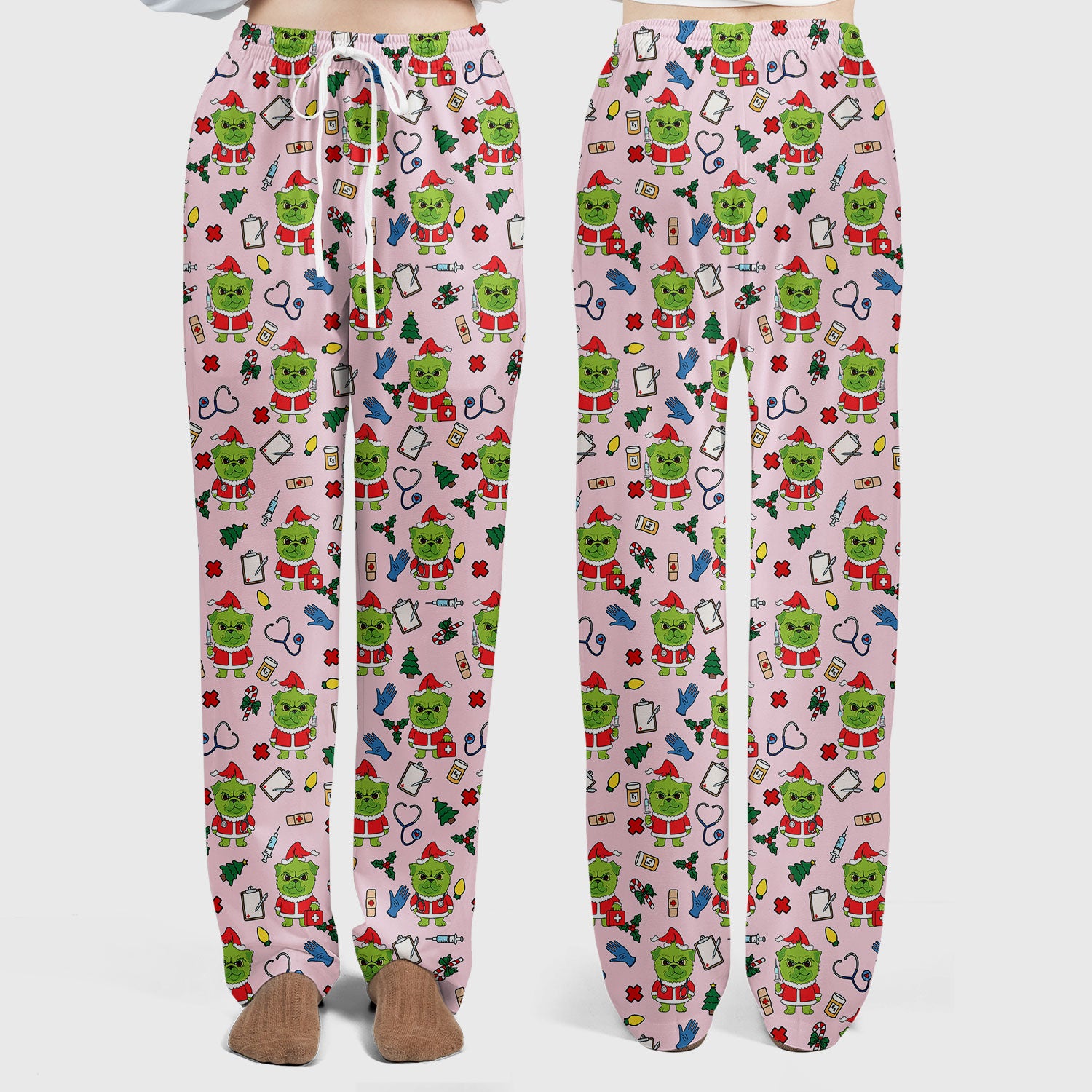 Funny Nurse Christmas Scrubs Set - Grumpy Dog Pattern with Medical Tools - Festive Holiday Scrub Top and Pants for Women