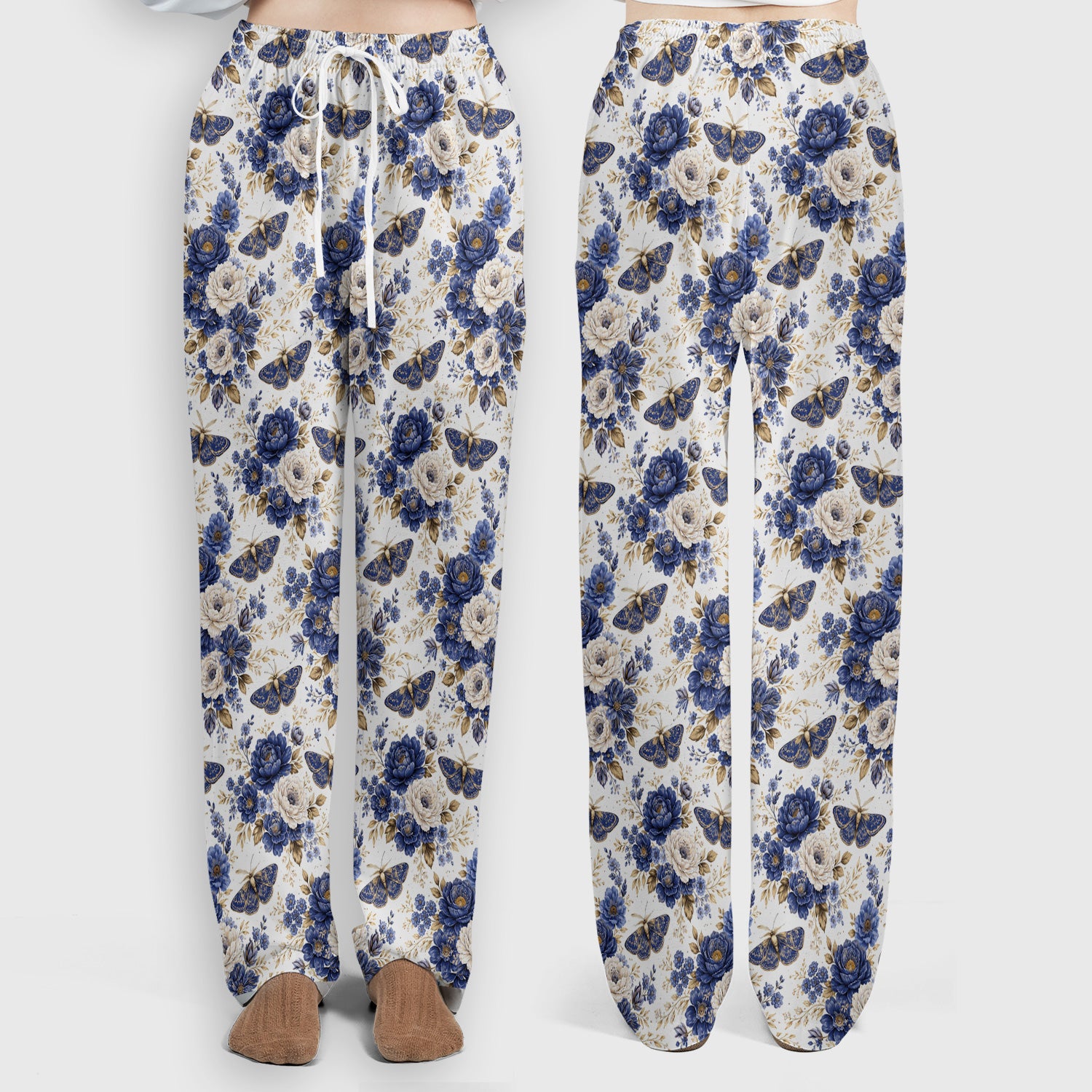 Cute Blue Floral Moth Pattern Scrub Set, Scrub Pants and V Neck Top