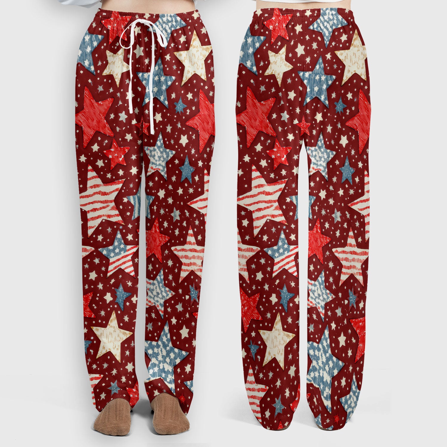 Patriotic Star Pattern Women's Scrub Set, Scrub Pants and V Neck Top