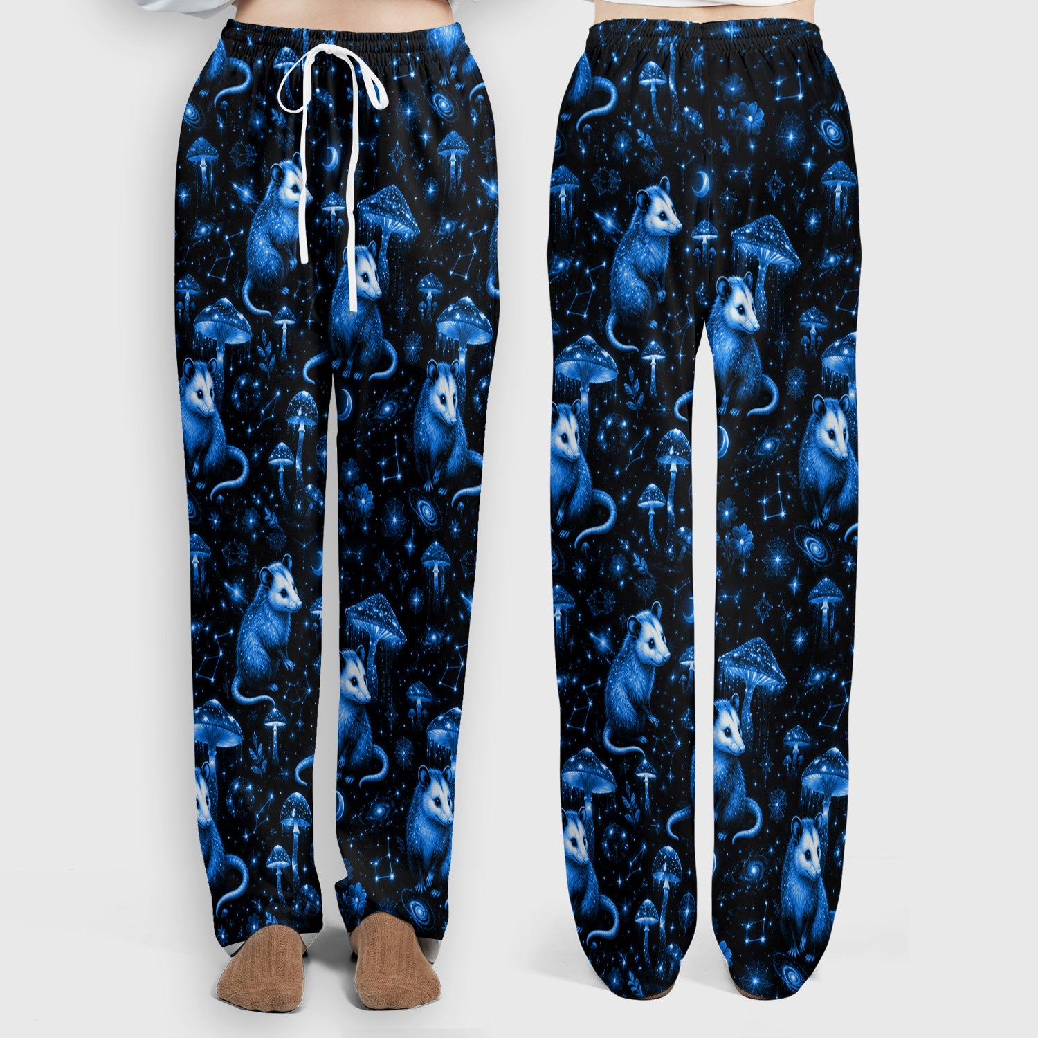 Celestial Blue Opossum With Mushroom Pattern Scrub Set, Scrub Pants and V Neck Top