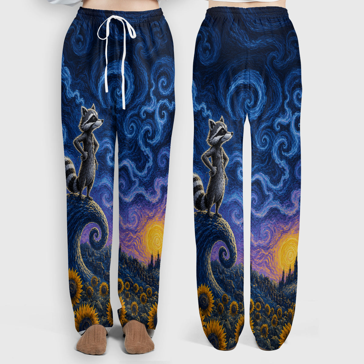 Starry Raccoon Print Scrub Set, Scrub Pants and V Neck Top