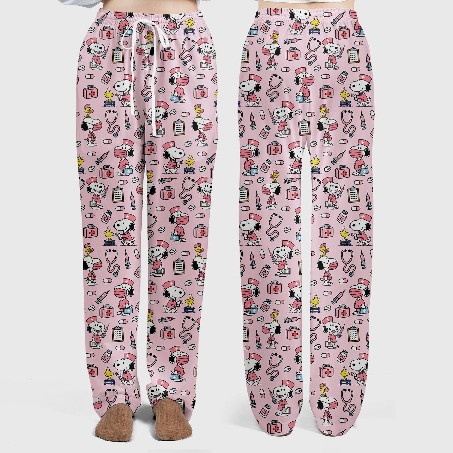 Pink Snoopy Nurse Scrub Set - Cute Cartoon Dog Pattern Top and Pants - Fun Nursing Gift for RN LPN CNA Women
