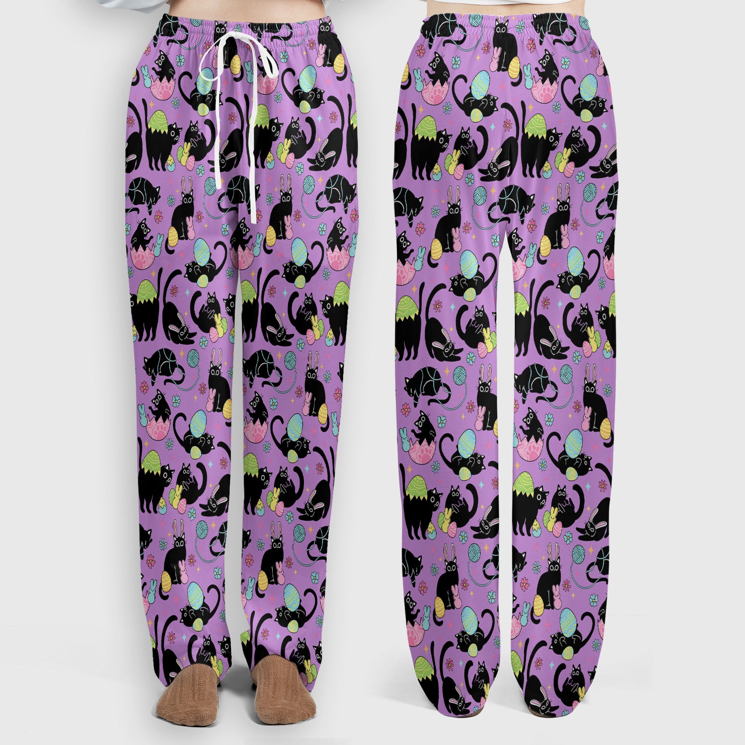 Funny Easter Black Cat Egg Pattern Scrub Set, Scrub Pants and V Neck Top