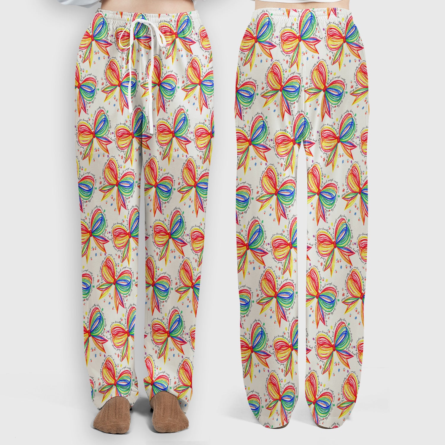 Colorful Rainbow Bow Pattern Scrub Set, Scrub Pants and V Neck Top