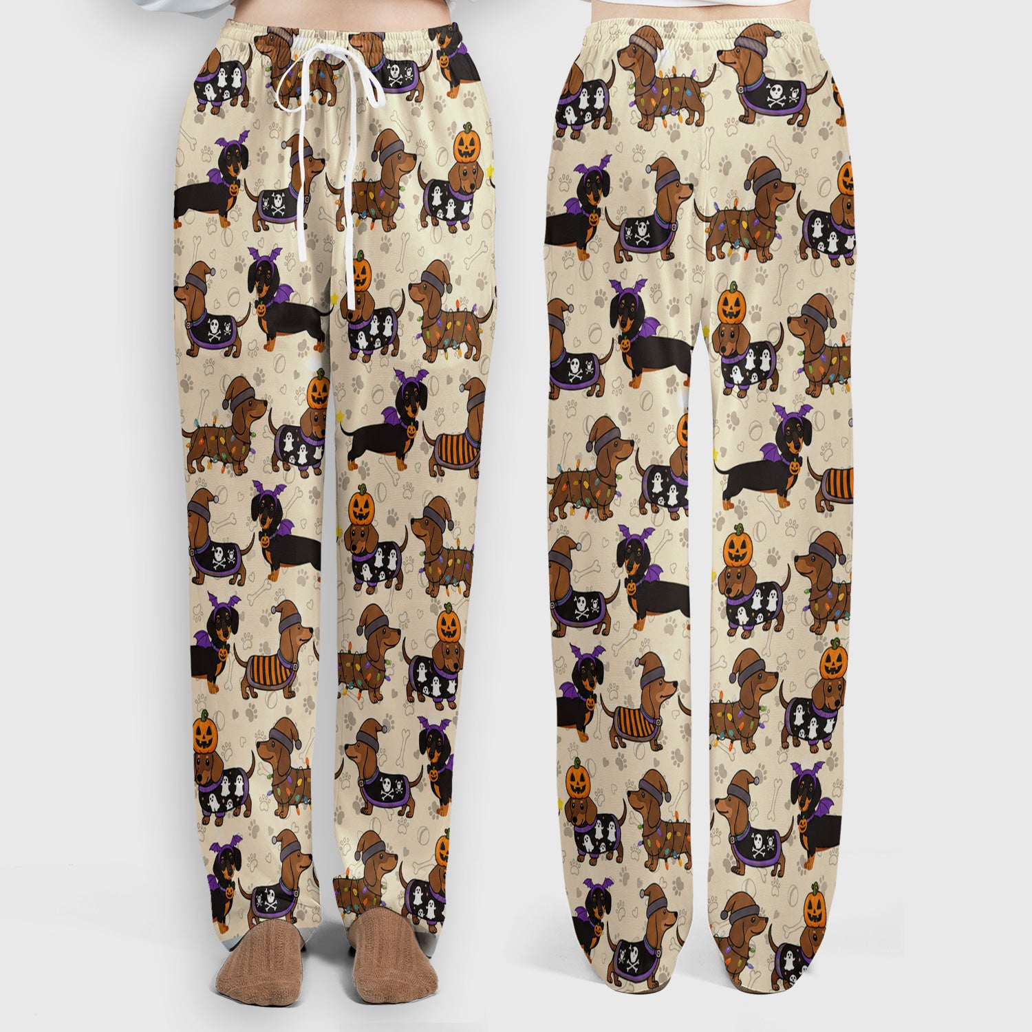 Halloween Dachshund with Pumpkin Ghost Print Scrub Set, Scrub Pants and V Neck Top