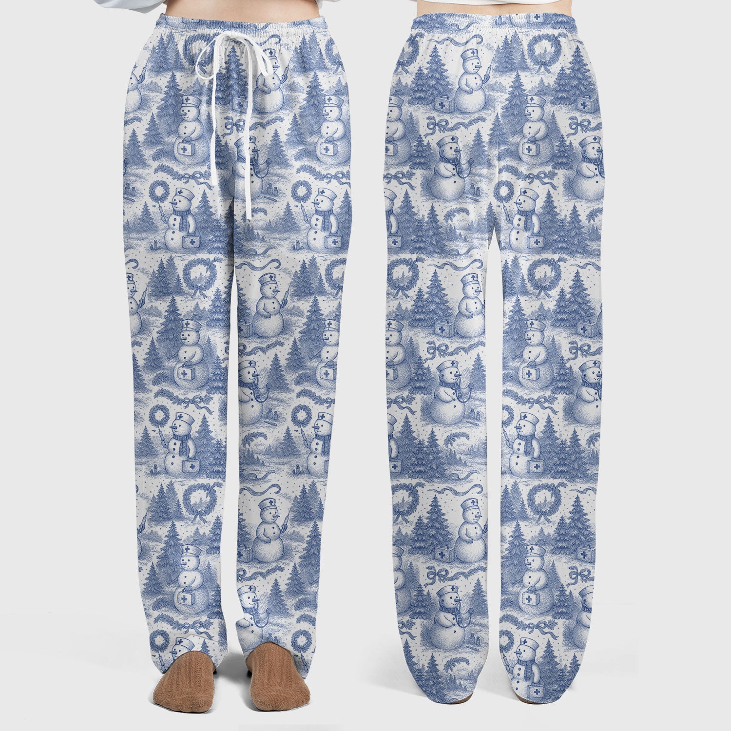 Toile de Jouy Christmas Scrubs Set – Elegant Snowman and Nurse Pattern – Classic Holiday Scrub Top and Pants for Women