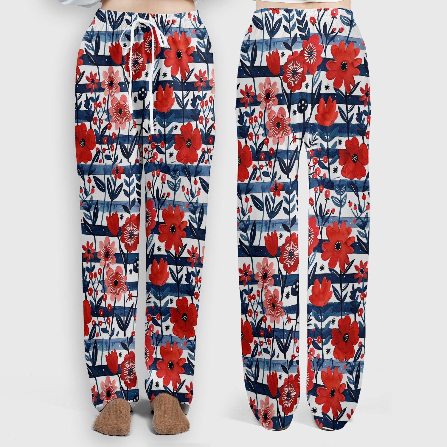 Red Poppy Navy Stripe Pattern Scrub Set, Scrub Pants and V Neck Top