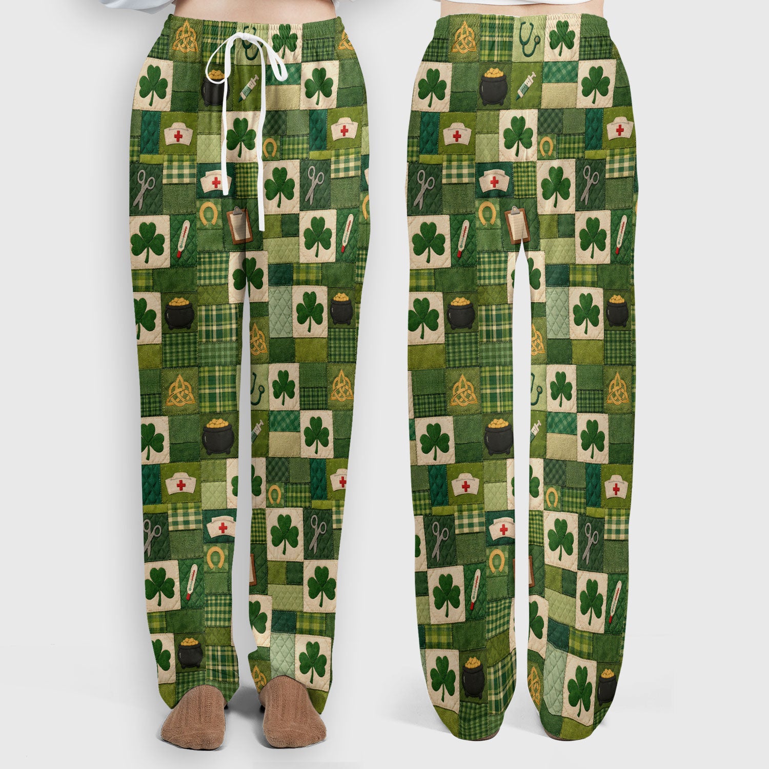St Patrick Medical Patchwork Shamrock Scrub Set, Scrub Pants and V Neck Top