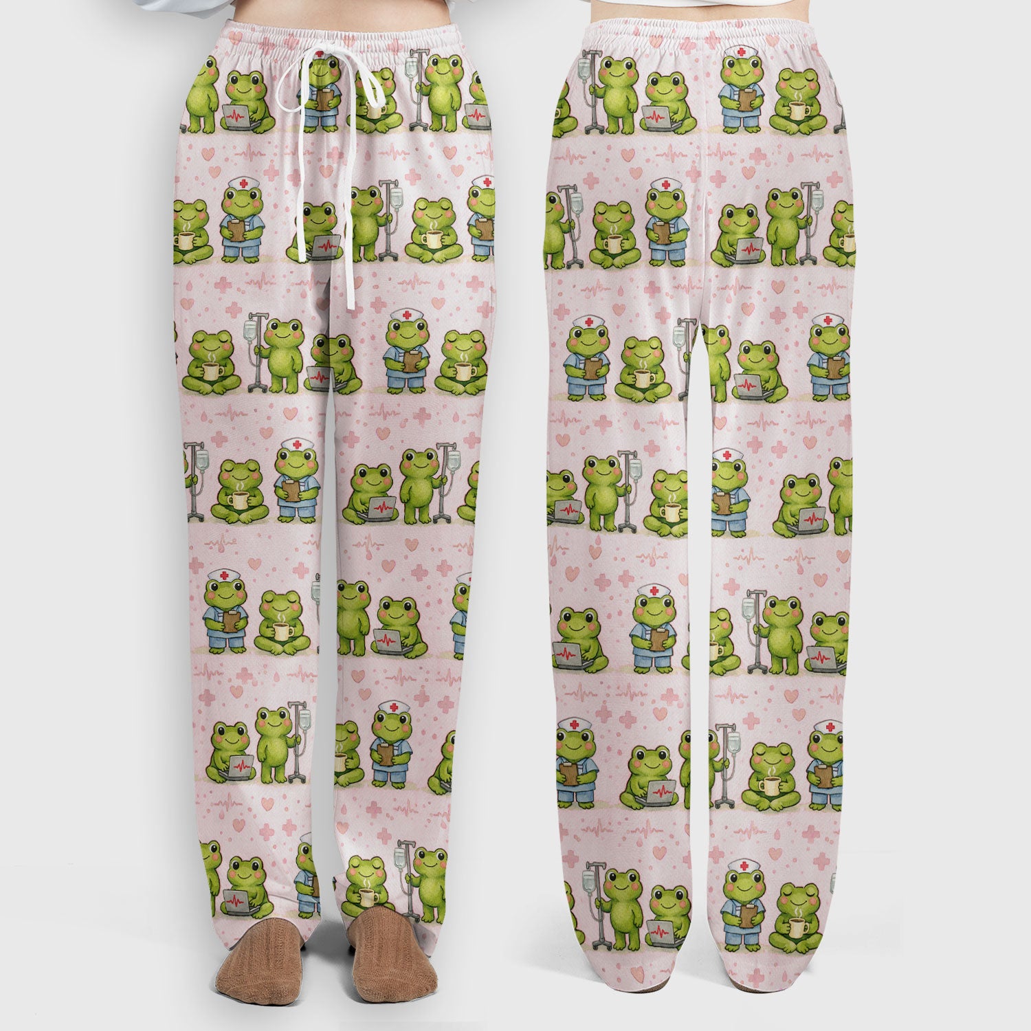 Adorable Frog Nurse Various Poses Print Scrub Set, Breathable Med Uniform