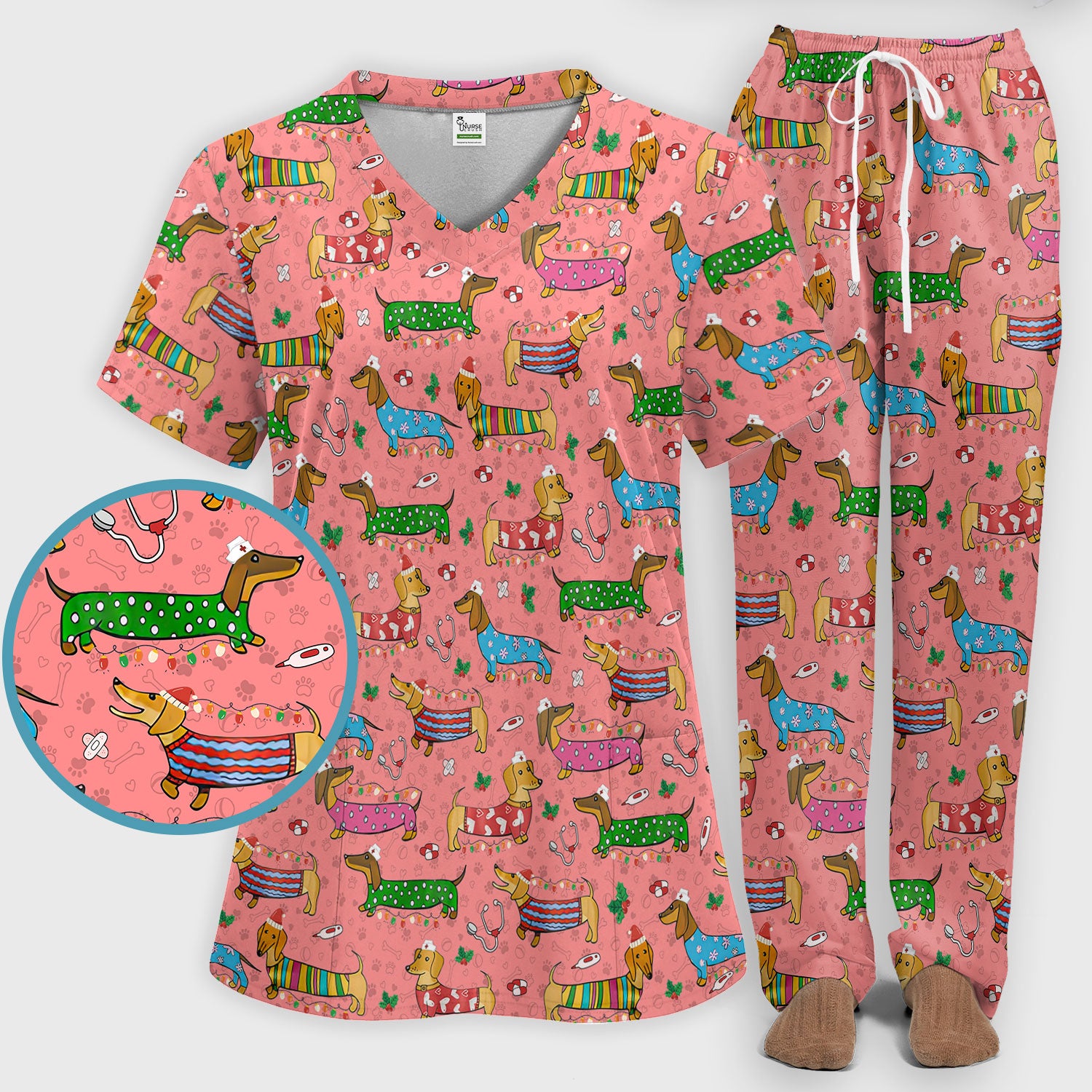 Christmas Scrub Set for Women - Funny Dachshund Scrubs Pants and V Neck Top - Cute Holiday Medical Uniform Gift for RN LPN CNA