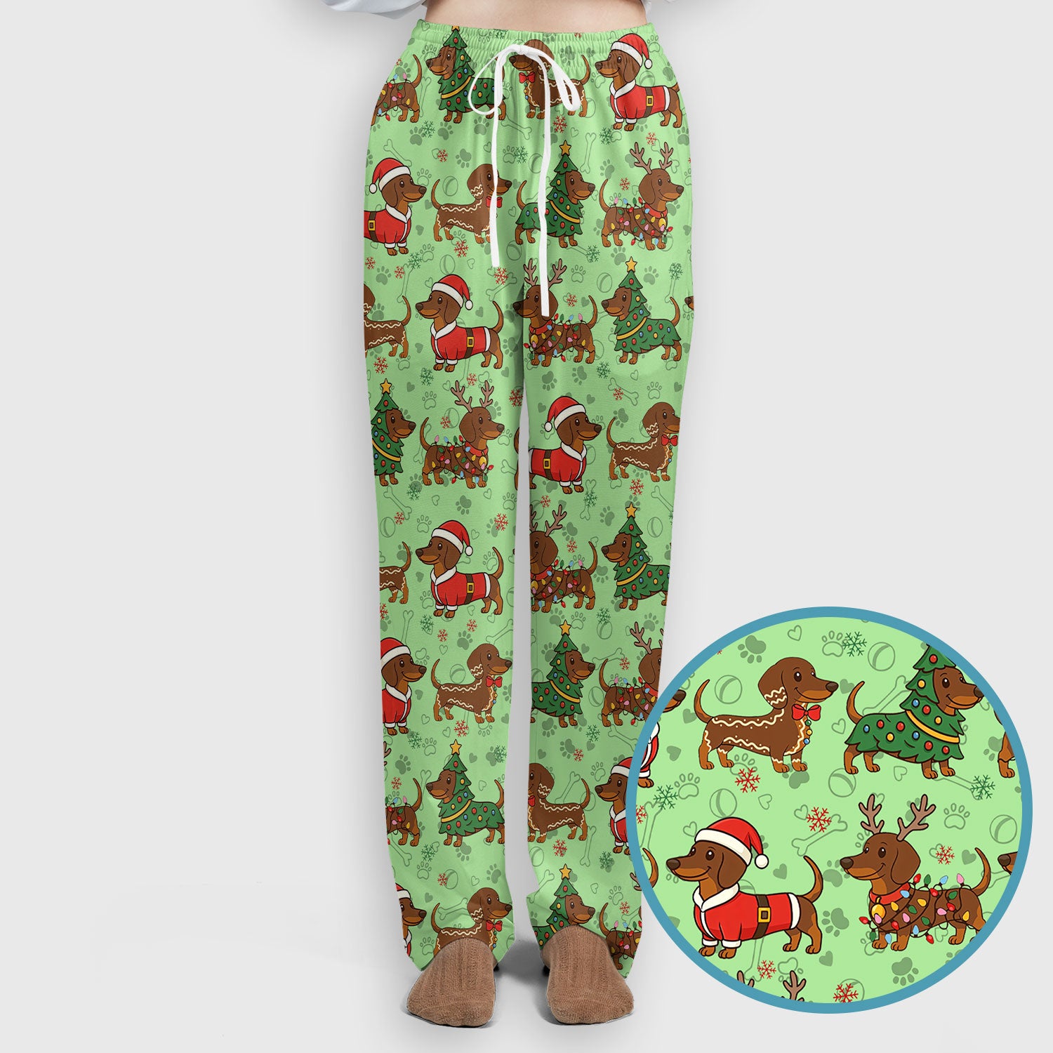 Christmas Weenie Dog Scrub Sets - Xmas Dachshund Scrub Pants - Cute Sausage Puppy V Neck Top - Ugly Sweater for Pet Lover