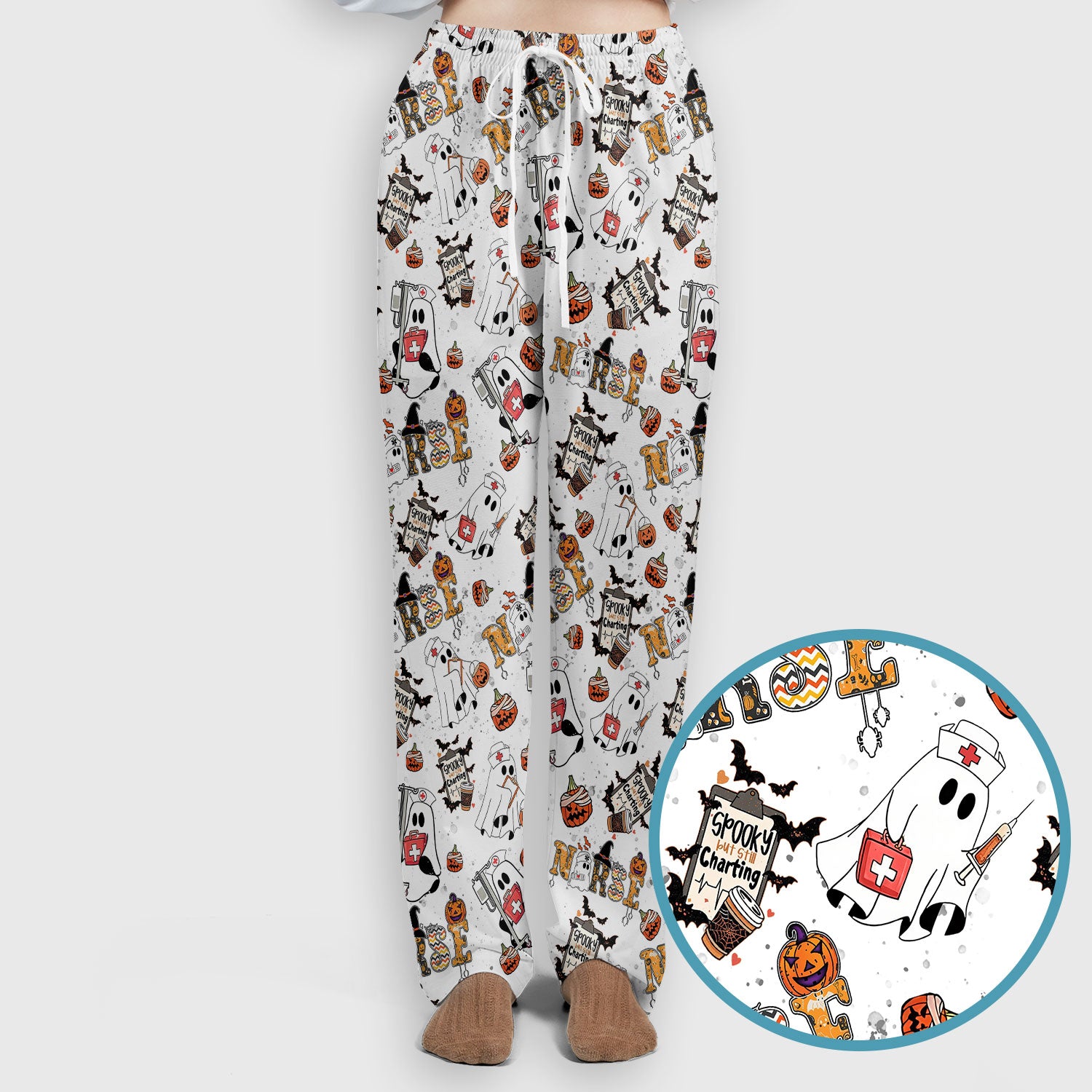 Halloween Women's Scrub Sets - Spooky But Still Charting - Funny Scrubs for Nurses - Horror Pumpkin Scrub Pants and V Neck Top