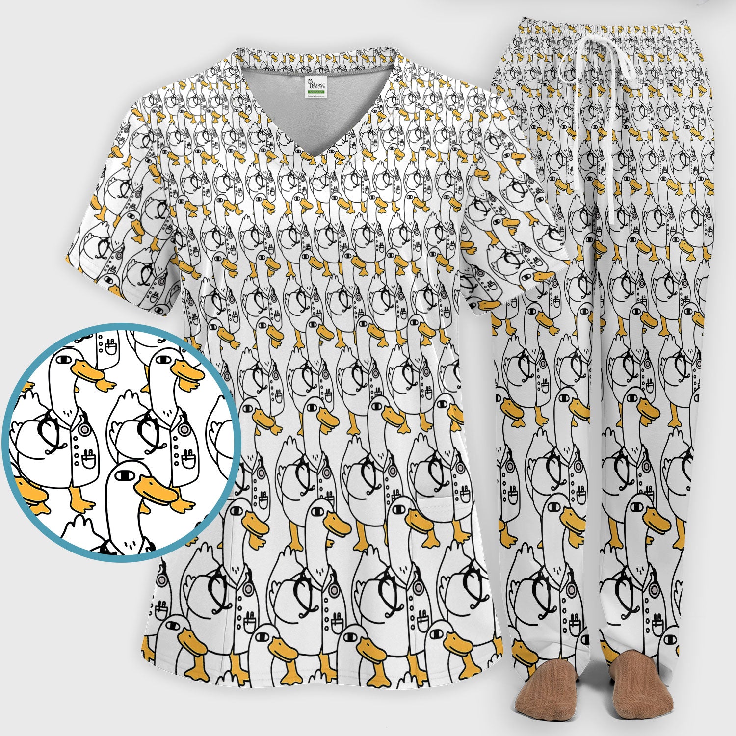 Funny Duck Scrub Set for Women - I'm a Doctor Scrubs Pants and V Neck Top - Cute Duck In The Row - Comfortable Nursing Uniform