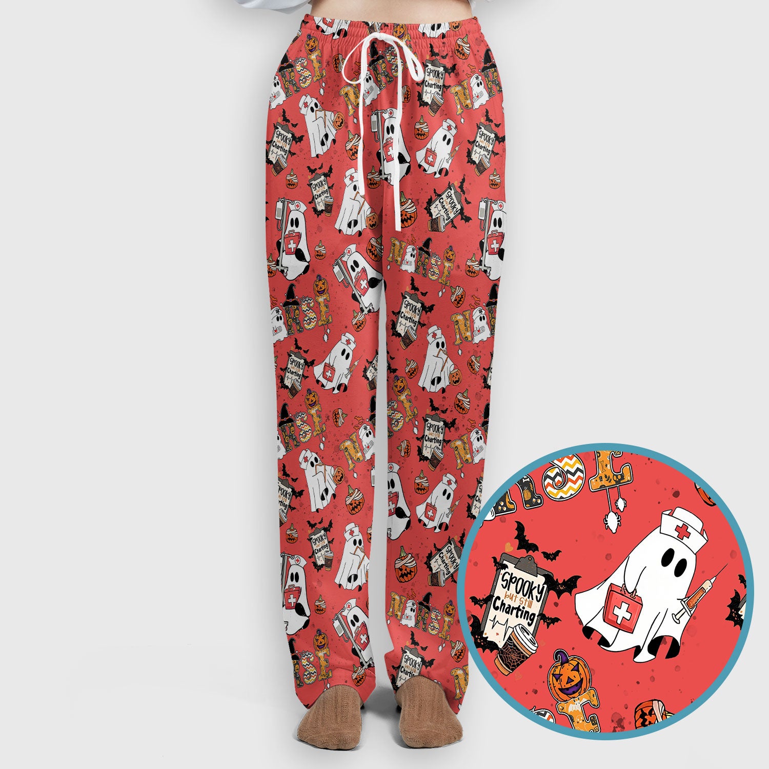 Halloween Women's Scrub Sets - Spooky But Still Charting Boo Nurse - Funny Scrub Pants and V Neck Top - Breathable Med Uniform