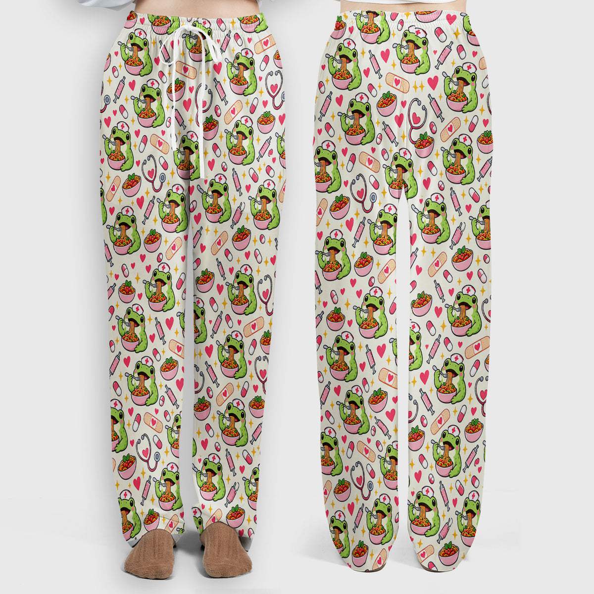 Cute Nurse Frogs Eating Noodles Pattern Scrub Set, Scrub Pants and V Neck Top