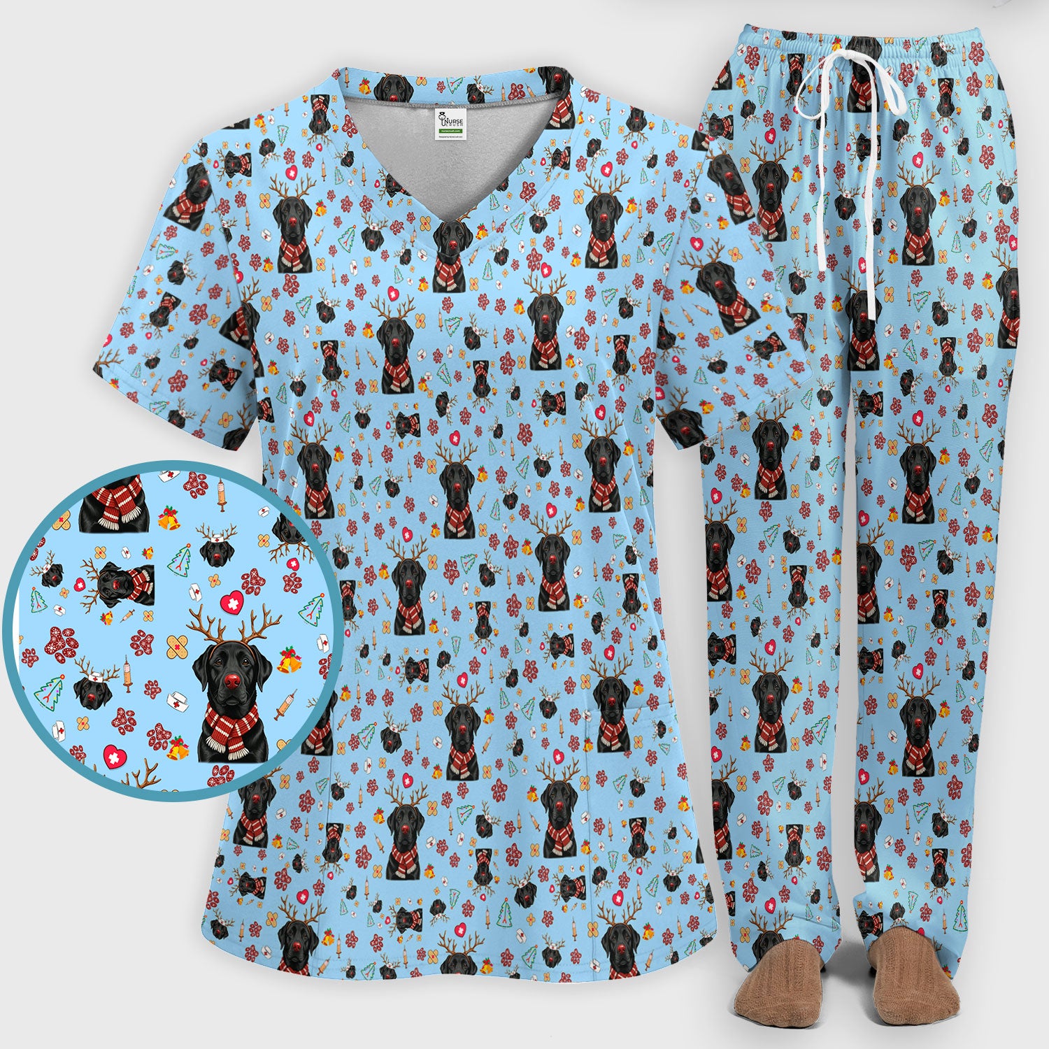 Black Lab Christmas Scrub Set - Funny Labrador Nursing Pants and V Neck Top - Cute Holiday Medical Uniform