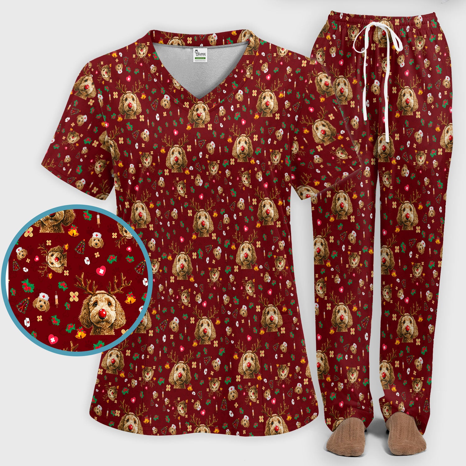 Labradoodle Reindeer Christmas Scrub Set - Funny Dog Nurse Pants and V Neck Top - Cute Holiday Medical Uniform
