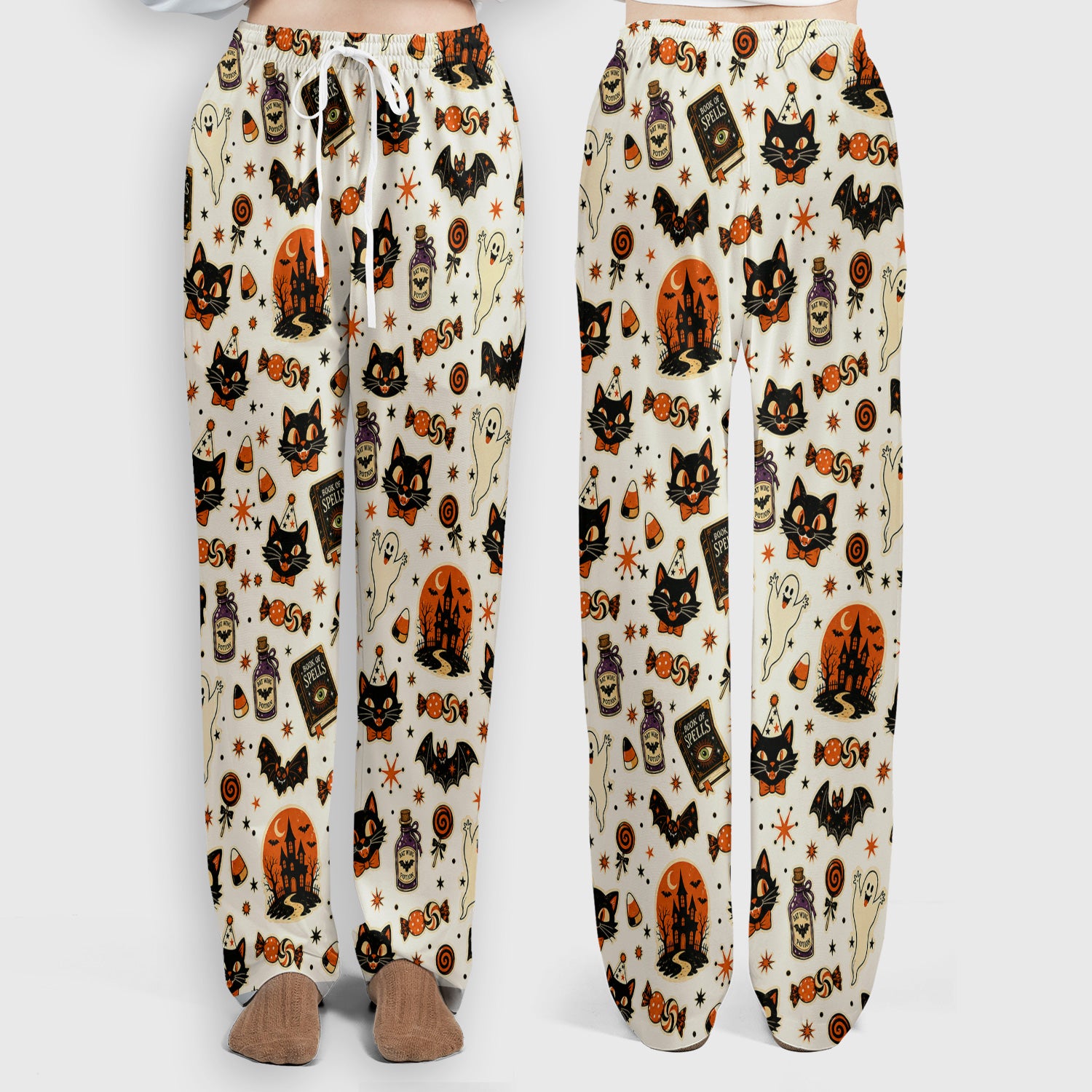 Halloween Black Cat with Ghost Candy Print Scrub Set, Scrub Pants and V Neck Top