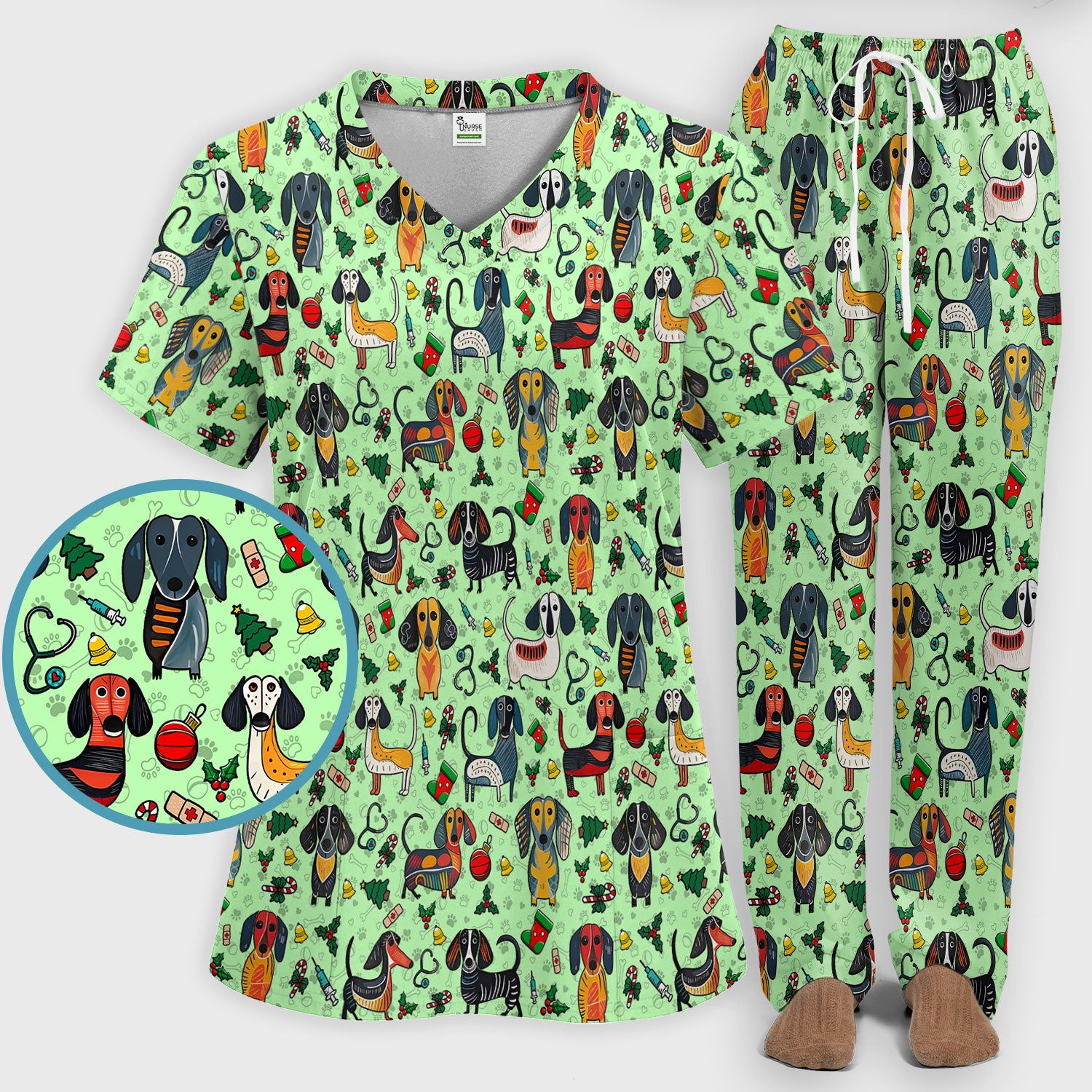 Dachshund Christmas Scrub Set - Cute Wiener Dog Pants and V Neck Top - Holiday Medical Uniform