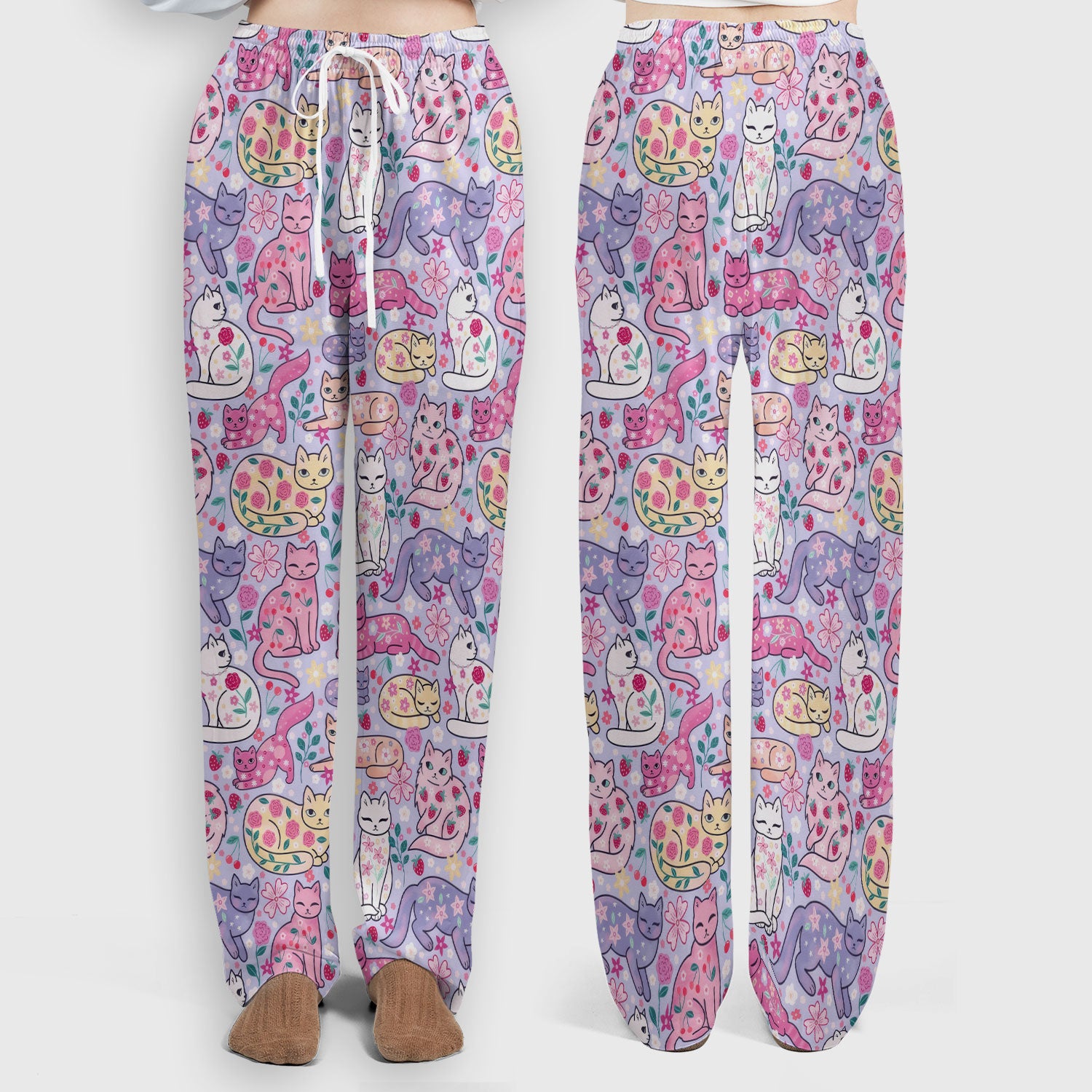 Funny Colorful Pastel Cats Floral Strawberry Print Set, Women's Scrub Sets