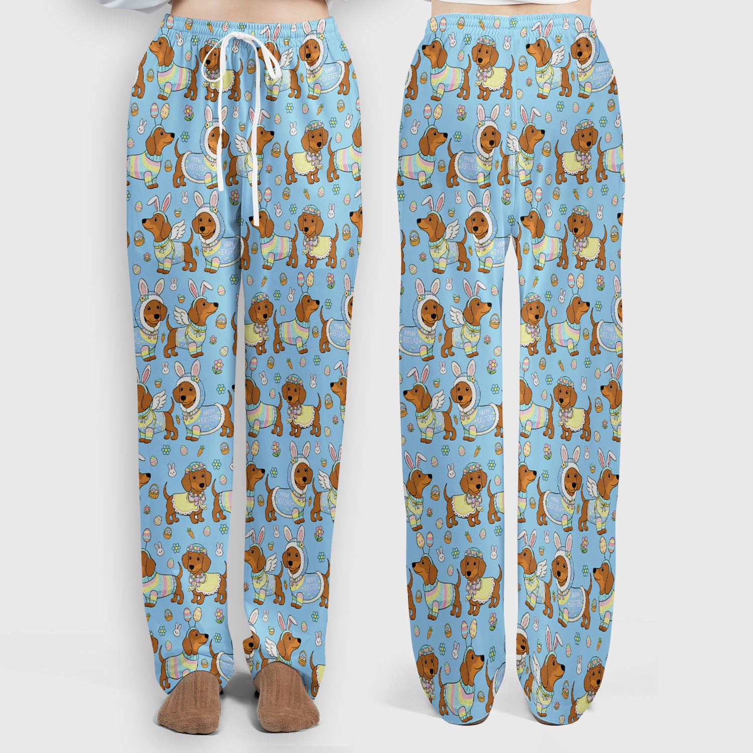 Easter Dachshund Bunny Pattern Scrub Set, Scrub Pants and V Neck Top