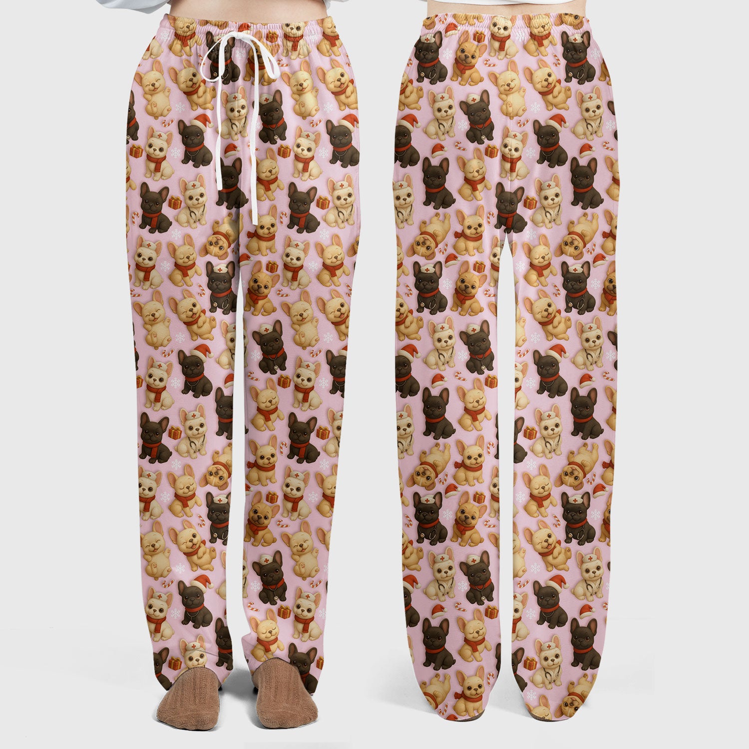 French Bulldog Scrubs Christmas Nurse Set - Cute Holiday Dogs with Candy Canes, Snowflakes & Gifts - Fun Festive Christmas Scrubs for Women