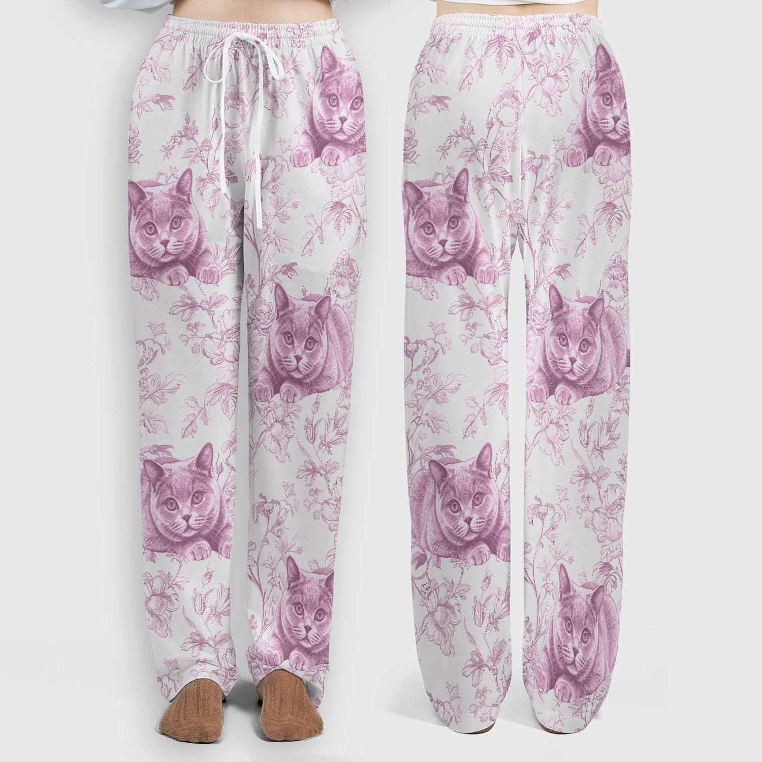 Custom Dog Cat Style Chinoiserie Pattern Scrubs Sets, Scrub Pants and V Neck Top