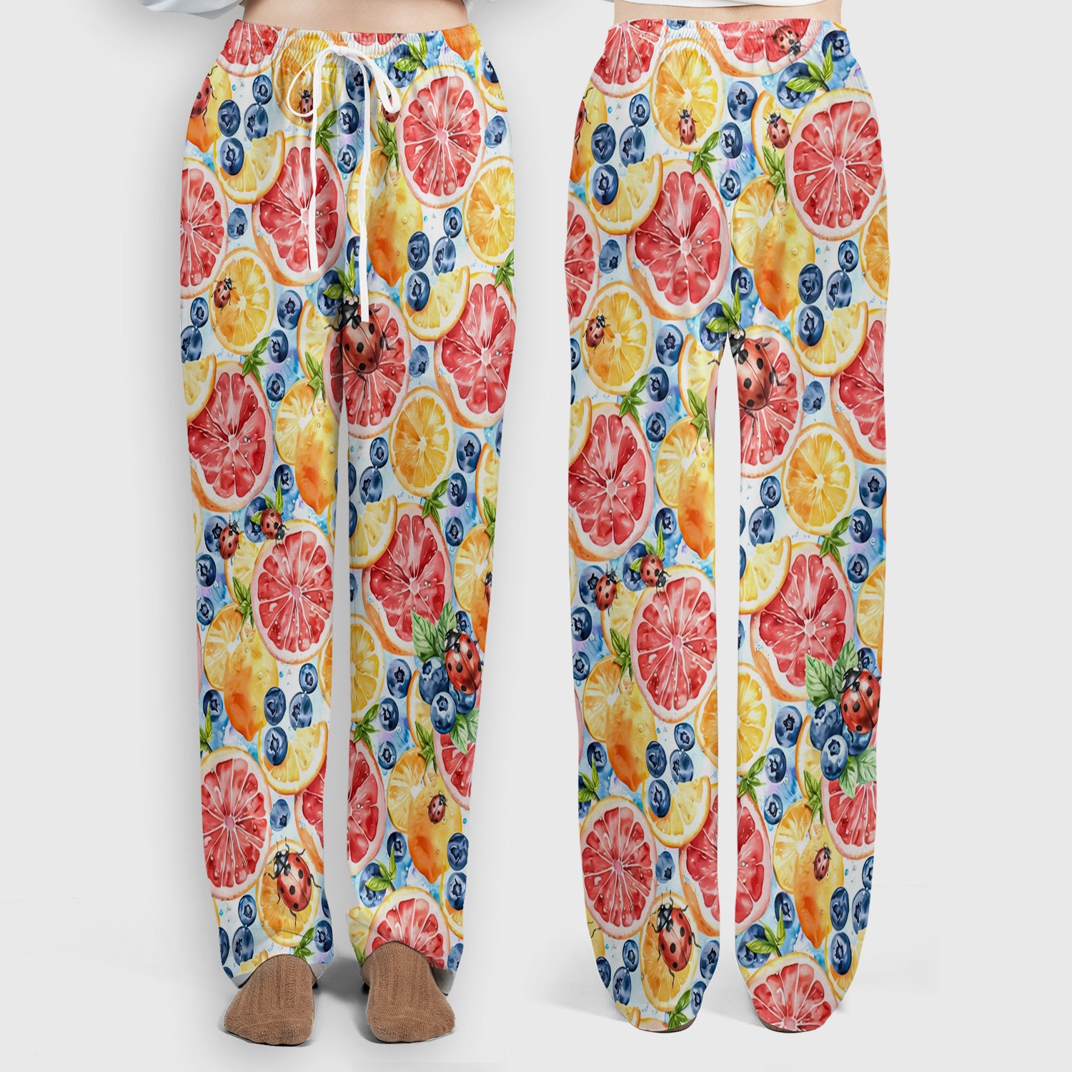 Cute Citrus Berry Ladybug Pattern Scrub Set, Scrub Pants and V Neck Top