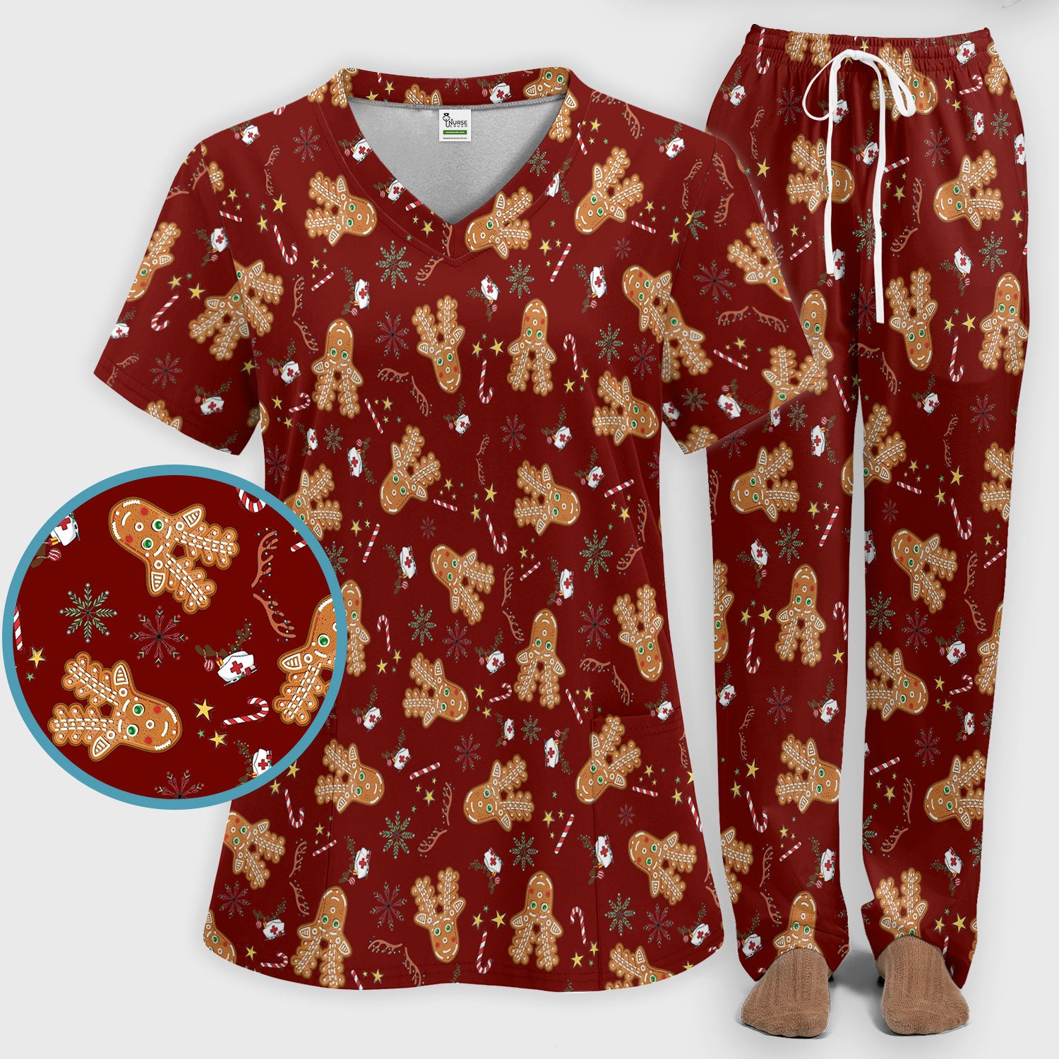 Gingerbread Cookies Reindeer Women's Scrub Sets - Comfortable Scrubs for Nurses - Funny Christmas Med Uniform