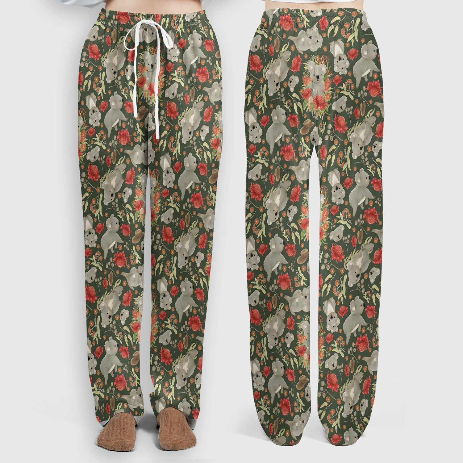 Cute Koala Wildflower Pattern Scrub Set, Scrub Pants and V Neck Top