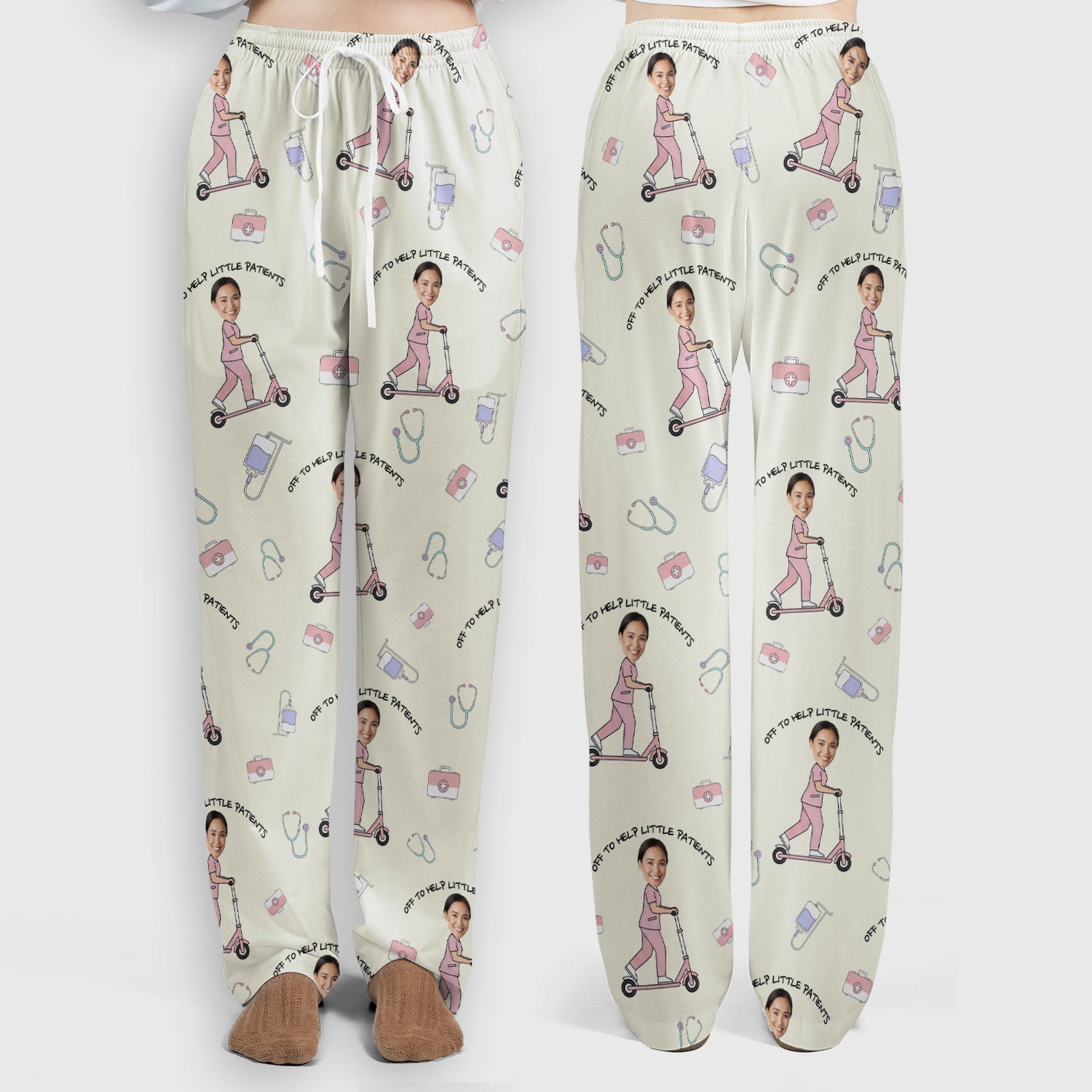 Custom Face Pediatric Nurse Scooter Pattern Scrub Set, Scrub Pants and V Neck Top