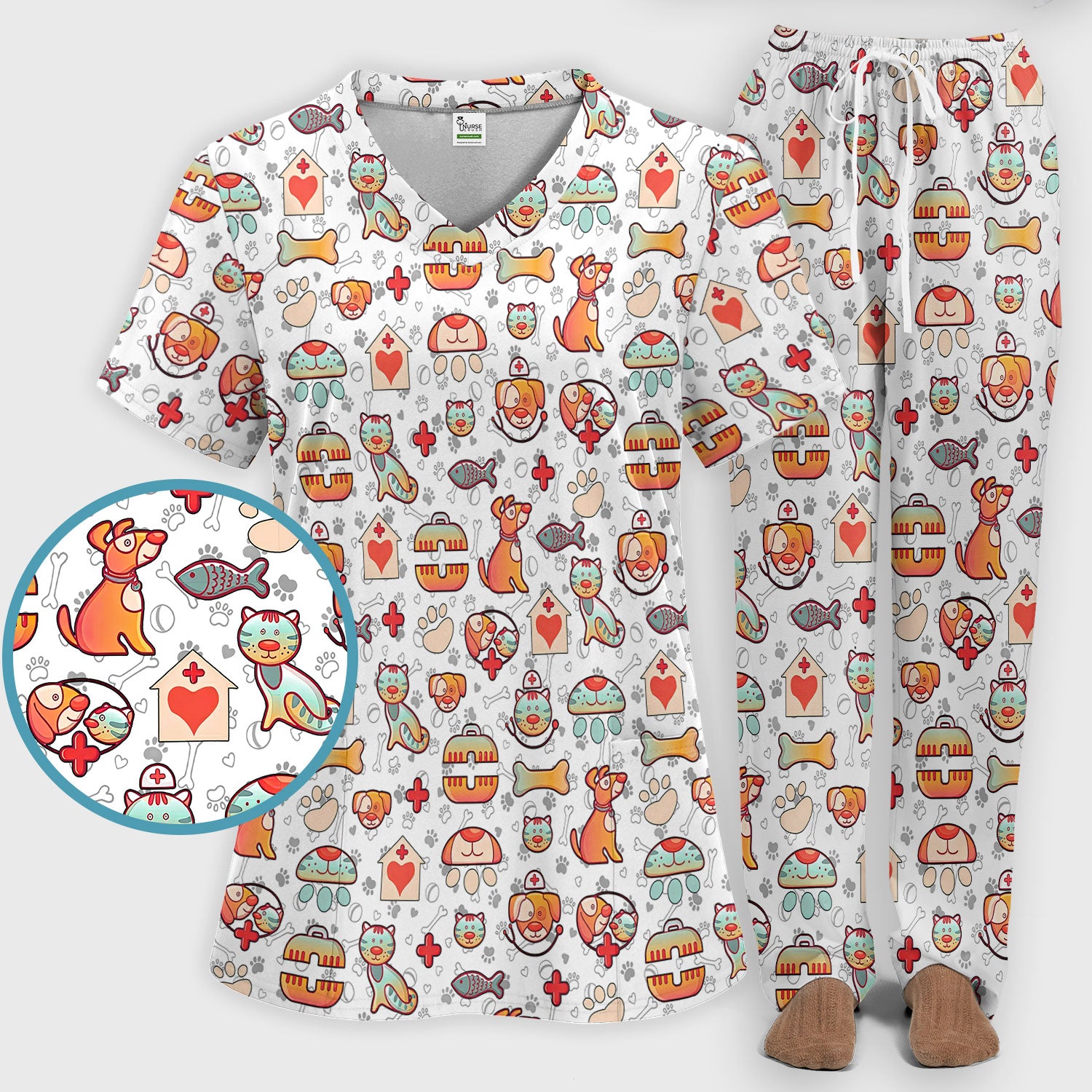 Veterinary Nurse Scrub Set - Cute Cat Dog Paw Scrubs Pants and V Neck Top - Funny Animal Vet Tech Uniform for Women