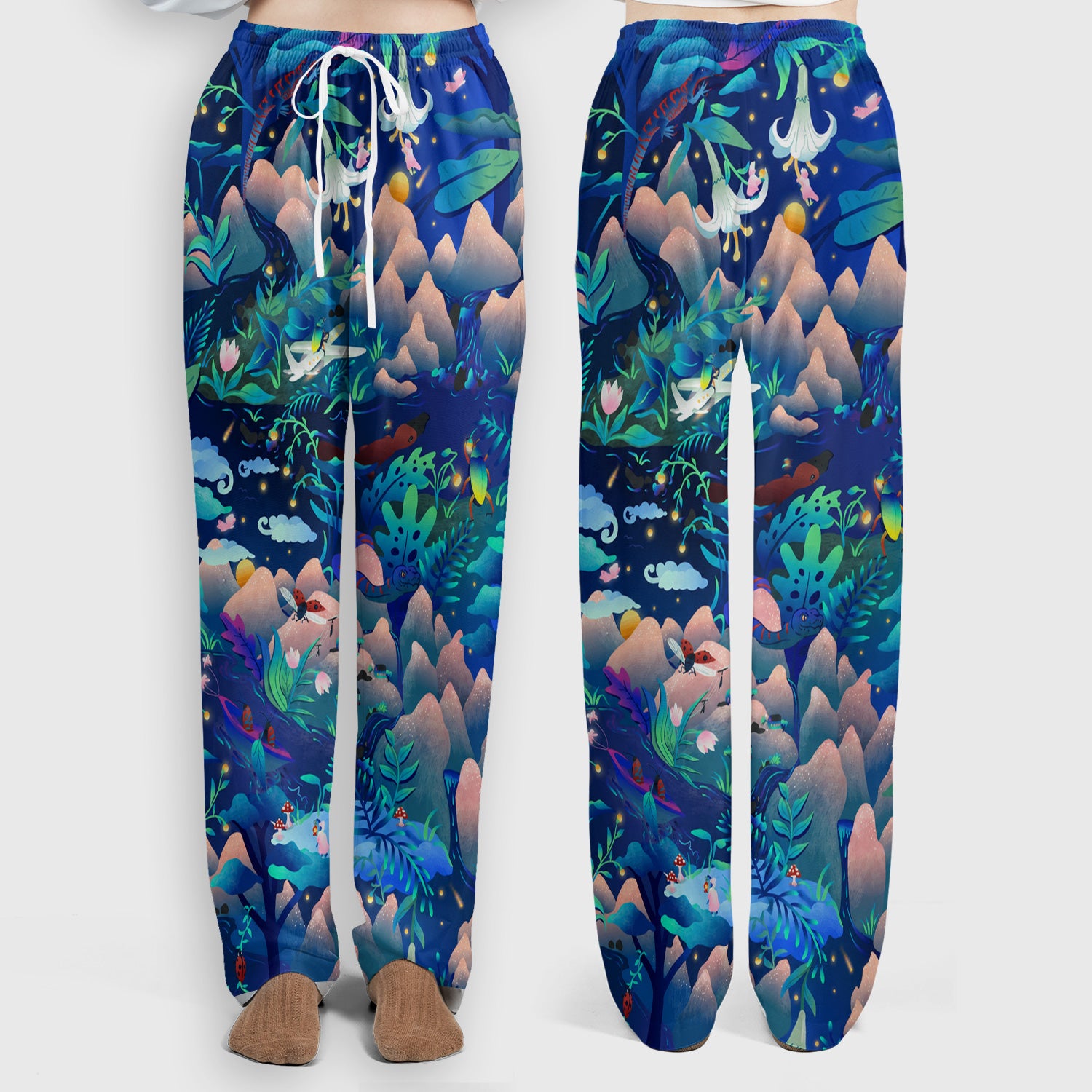 Whimsical Mountain Bug Print Scrub Set, Scrub Pants and V Neck Top