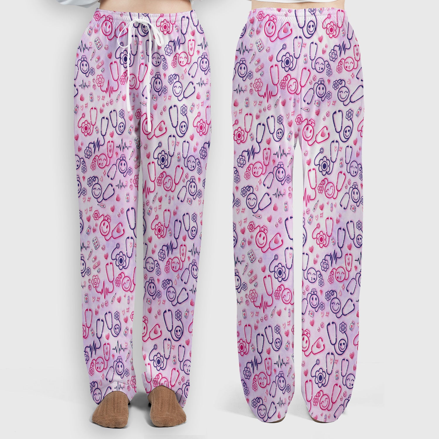 Stethoscope Heart Cute Icon Print Scrub Set, Breathable Med Uniform