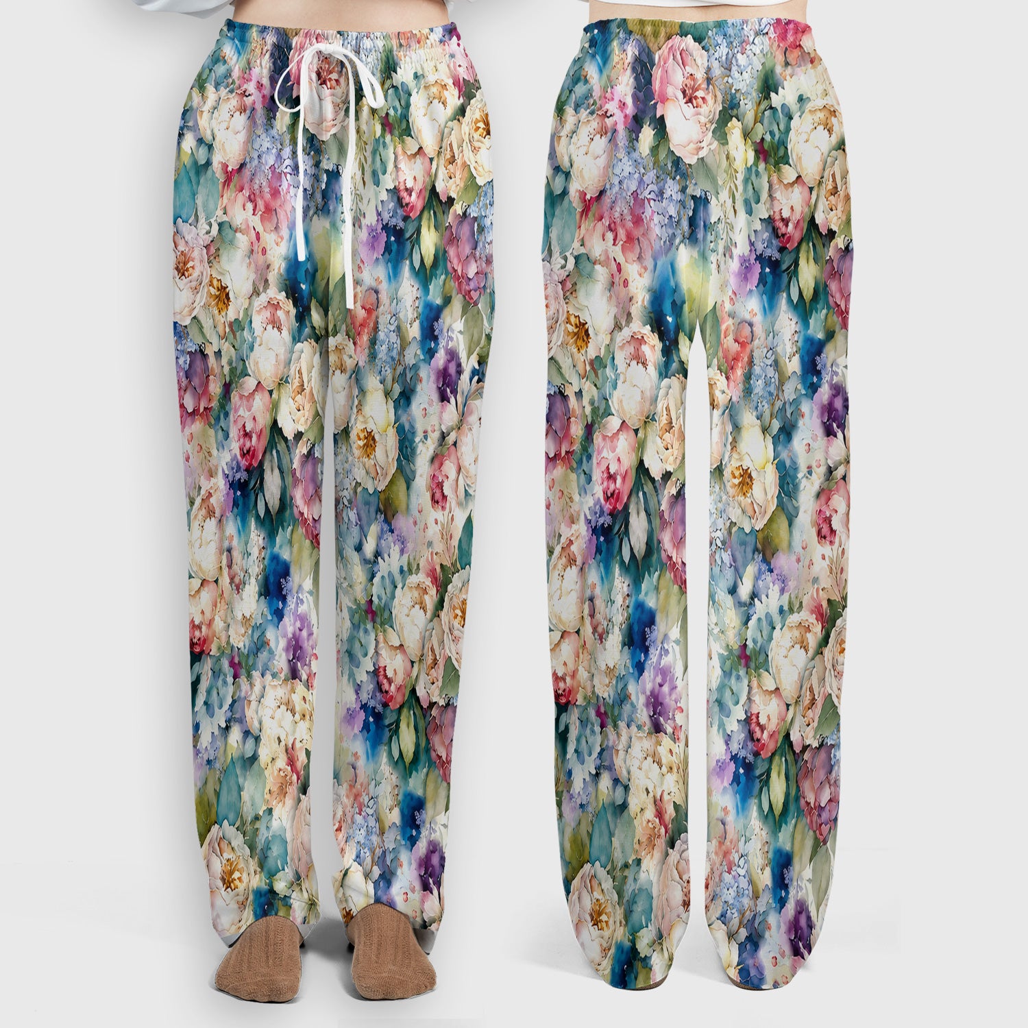Watercolor Peony Hydrangea Floral Print Scrub Set, Scrub Pants and V Neck Top