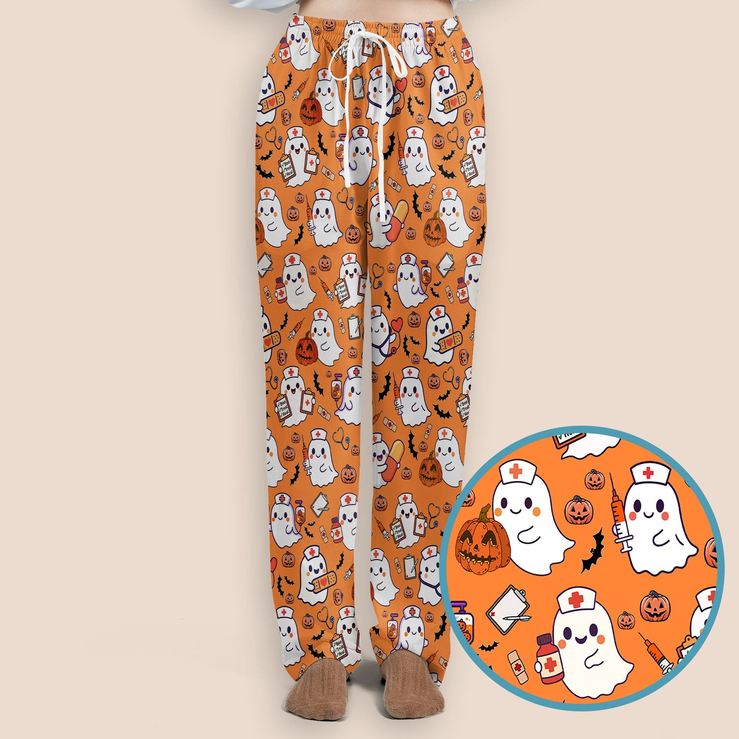 Women's Scrub Sets Halloween Gift - Comfortable Scrubs for Nurses - Pumpkin Ghost Scrub Pants and V Neck Top