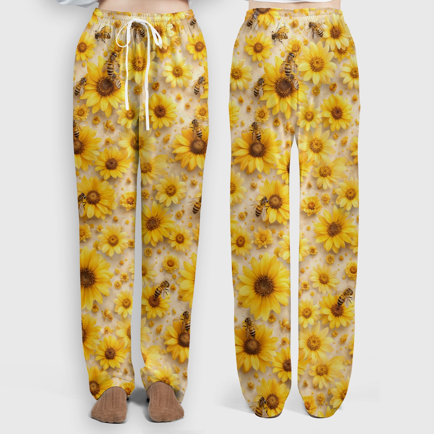 Yellow Sunflower Bee Garden Bloom Pattern Scrub Set, Scrub Pants and V Neck Top