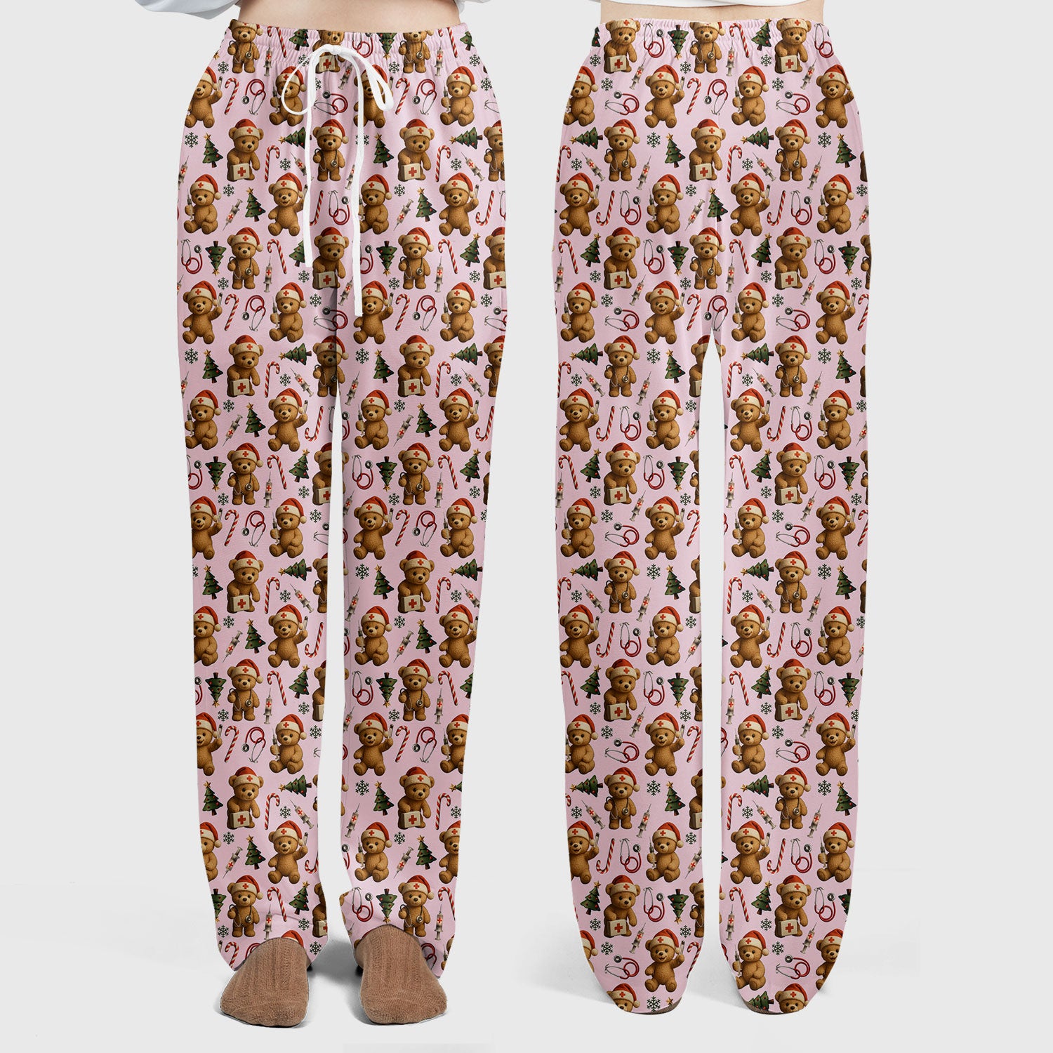 Gingerbread Bear Nurse Christmas Scrub Set - Cute Holiday Medical Pattern with Stethoscopes & Candy Canes - Festive Scrubs for Women