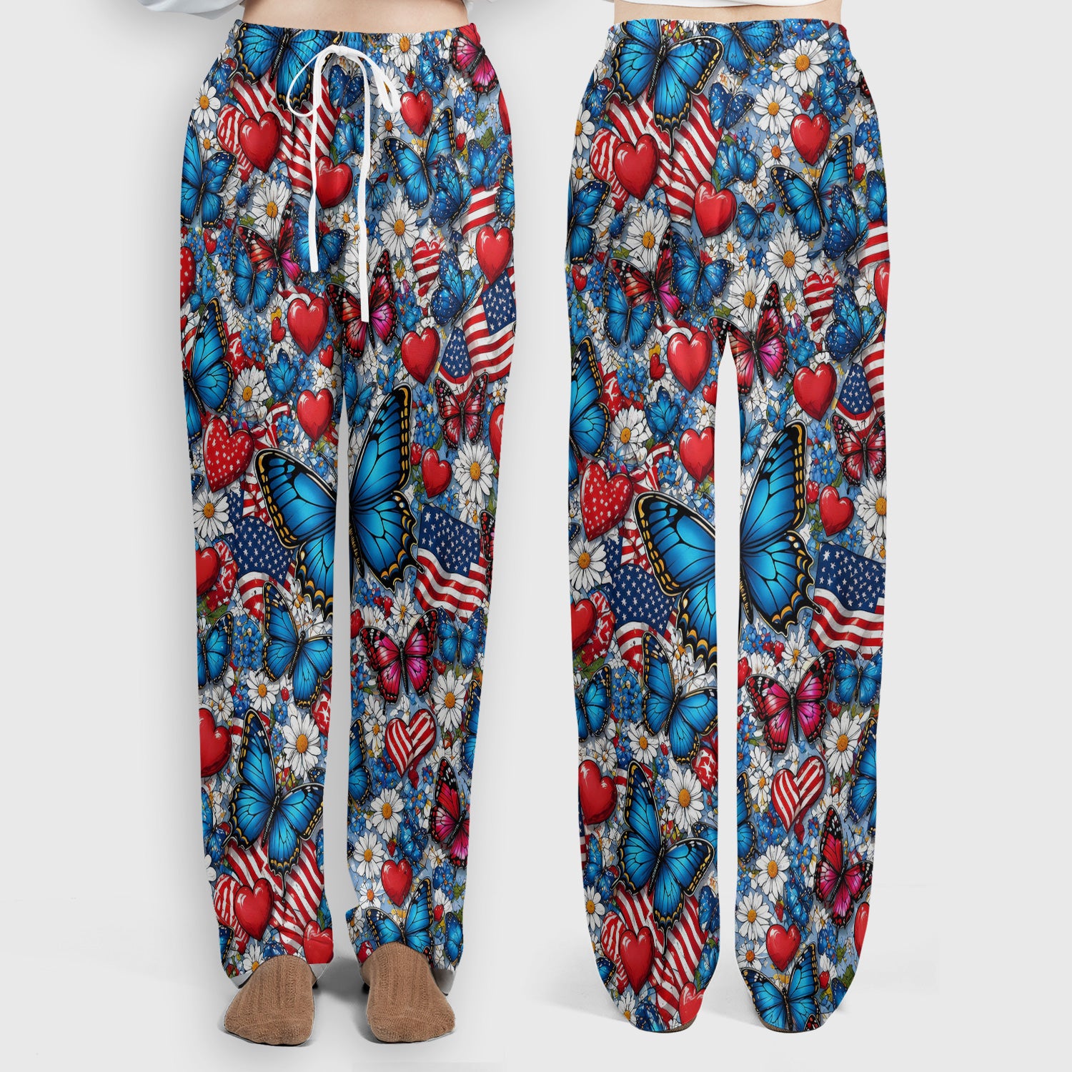 Festive Patriotic Butterfly Heart Floral Pattern Scrub Set, Scrub Pants and V Neck Top