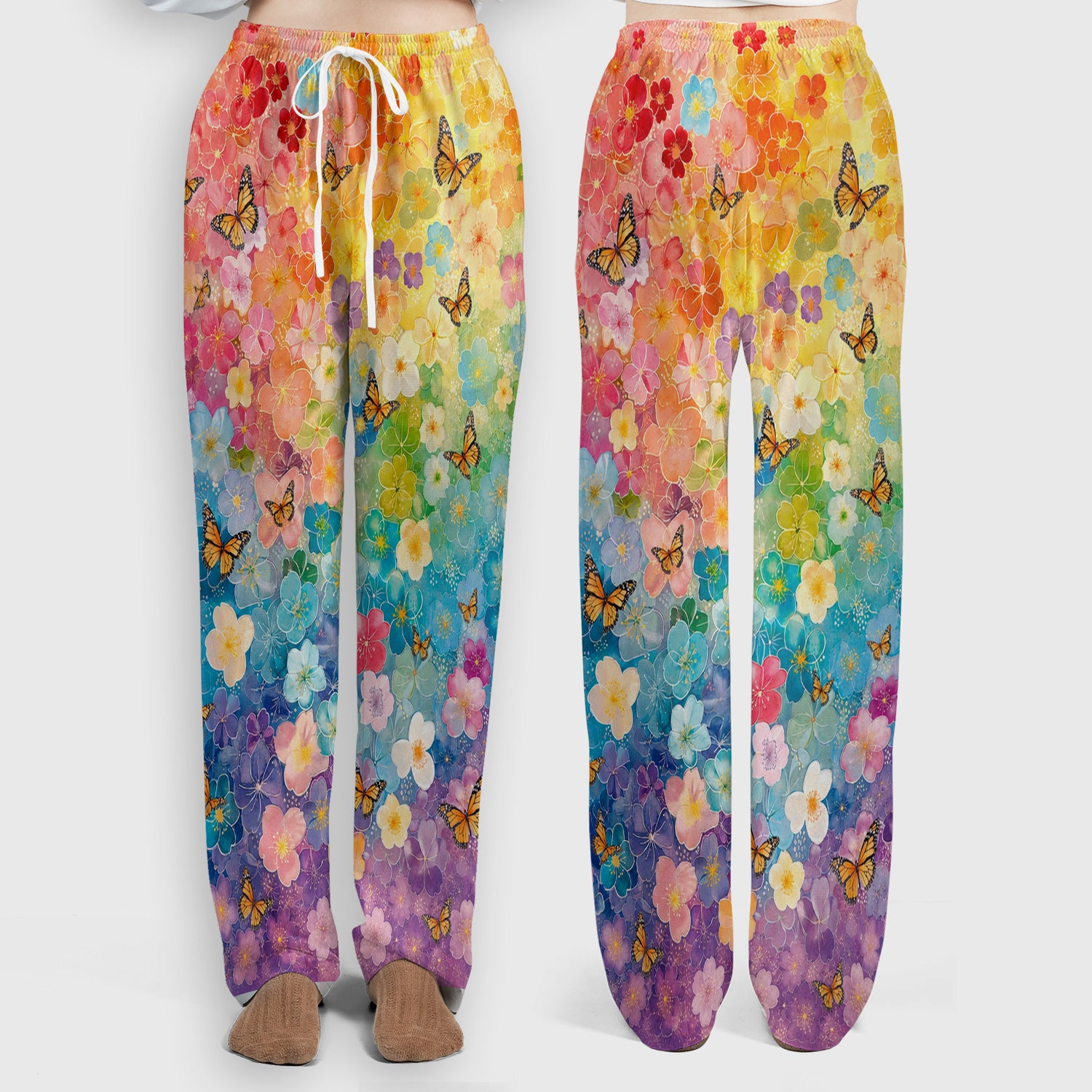 Rainbow Butterfly Floral Blossom Pattern Scrub Set, Scrub Pants and V Neck Top