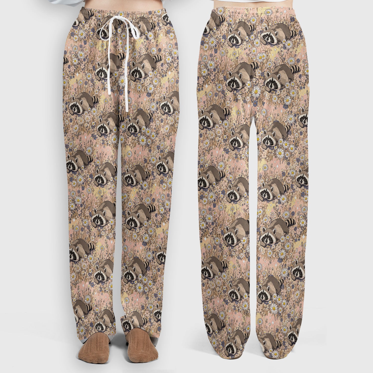 Cute Raccoon Wildflower Meadow Pattern Scrub Set, Scrub Pants and V Neck Top