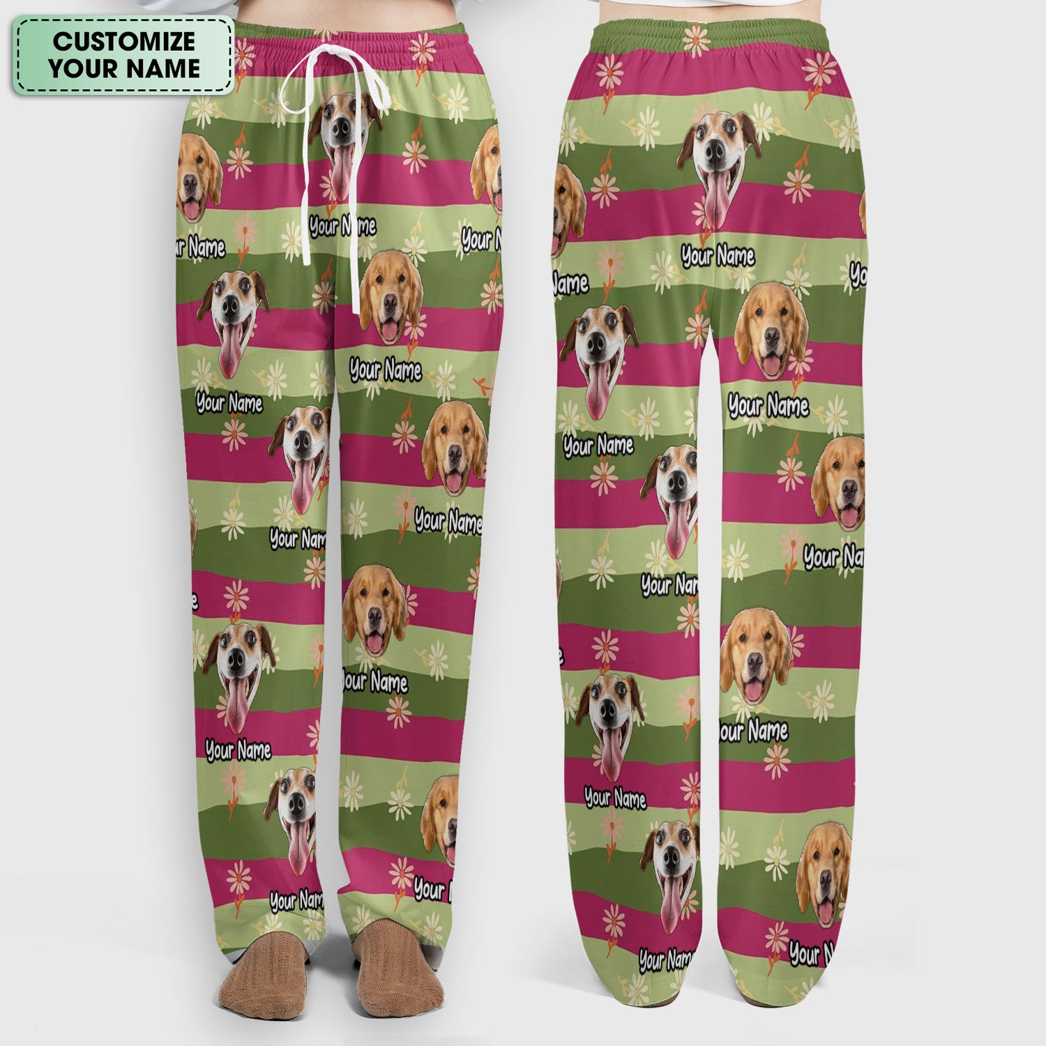 Personalized Floral Dog Portrait With Spring Stripes Pattern Scrub Set, Scrub Pants and V Neck Top