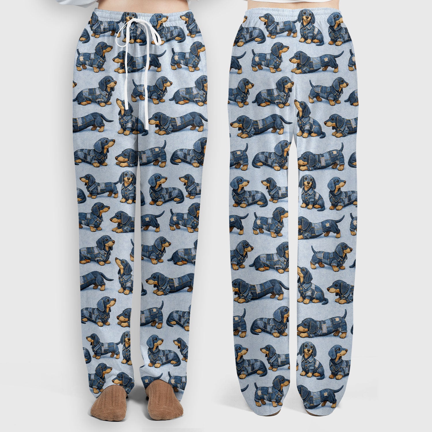 Denim Dachshund Dog Pattern Scrub Set, Women's Scrub Sets