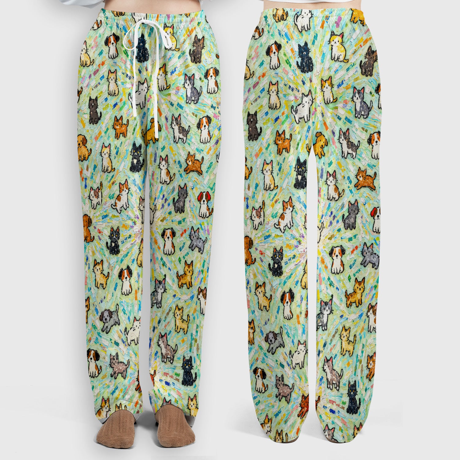 Colorful Cats Dogs Doodle Pattern Scrub Set, Scrub Pants and V Neck Top